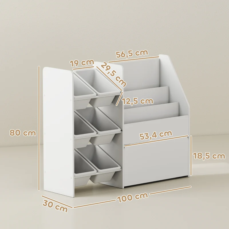 Children's Toy Shelf, 6 Containers Book Display Rolling Box 100x30x80cm, MDF Steel White - Image 2