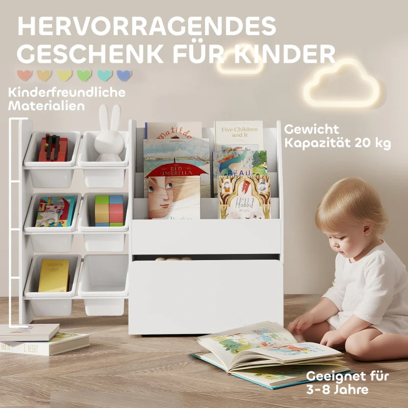 Children's Toy Shelf, 6 Containers Book Display Rolling Box 100x30x80cm, MDF Steel White - Image 6