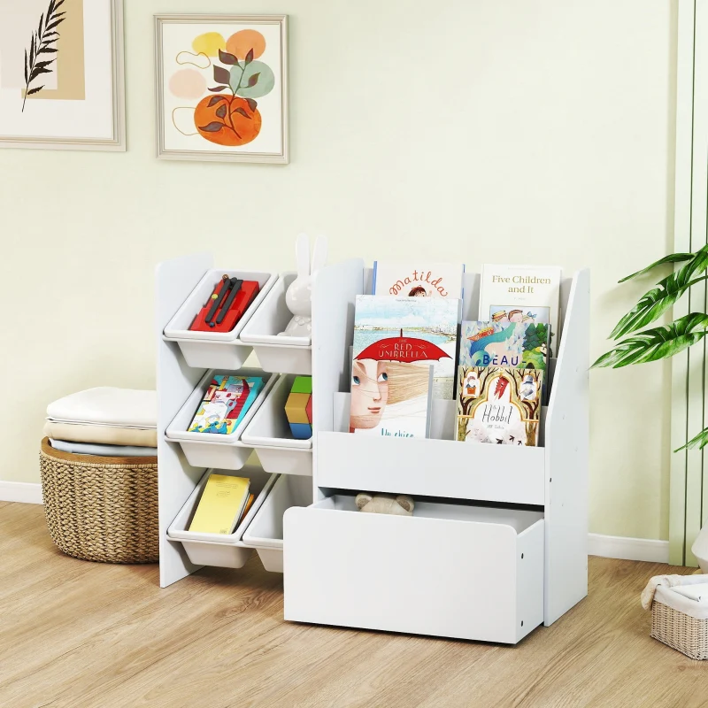 Children's Toy Shelf, 6 Containers Book Display Rolling Box 100x30x80cm, MDF Steel White - Image 7