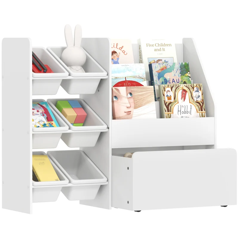 Children's Toy Shelf, 6 Containers Book Display Rolling Box 100x30x80cm, MDF Steel White - Image 8