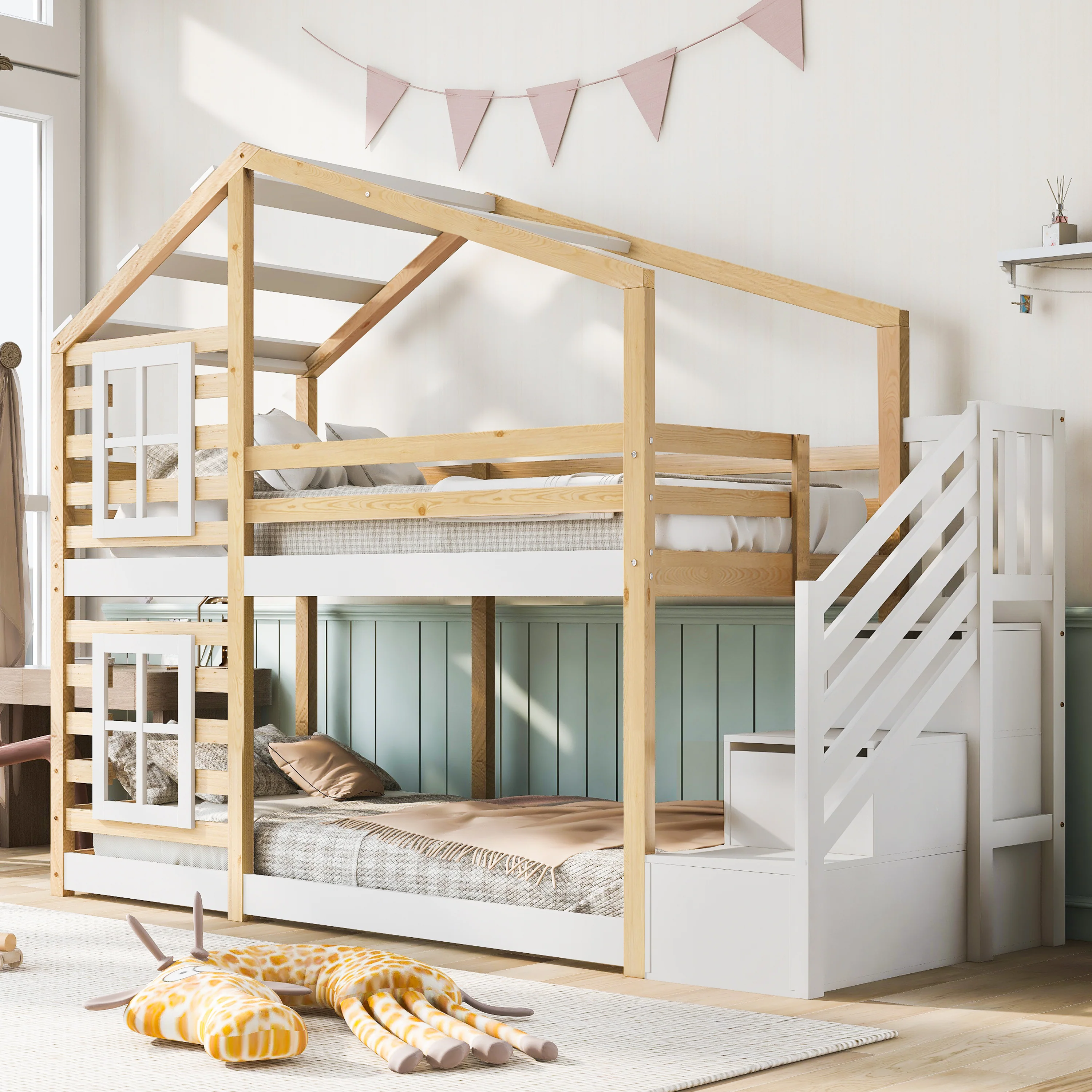 Children's Treehouse Bunk Bed 90x200cm Window Design Storage - Natural & White