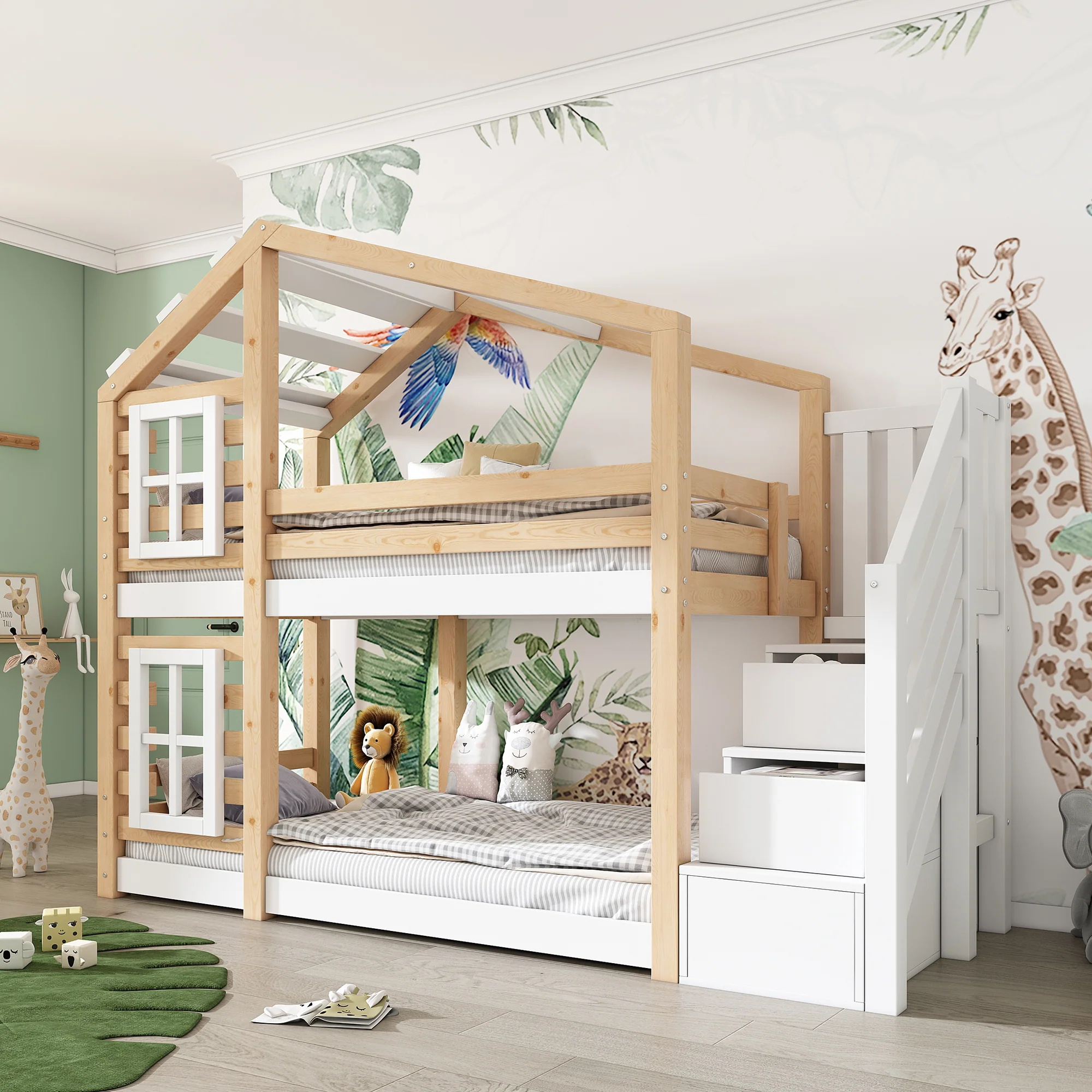 Children's Treehouse Bunk Bed 90x200cm Window Design Storage - Natural & White - Image 10