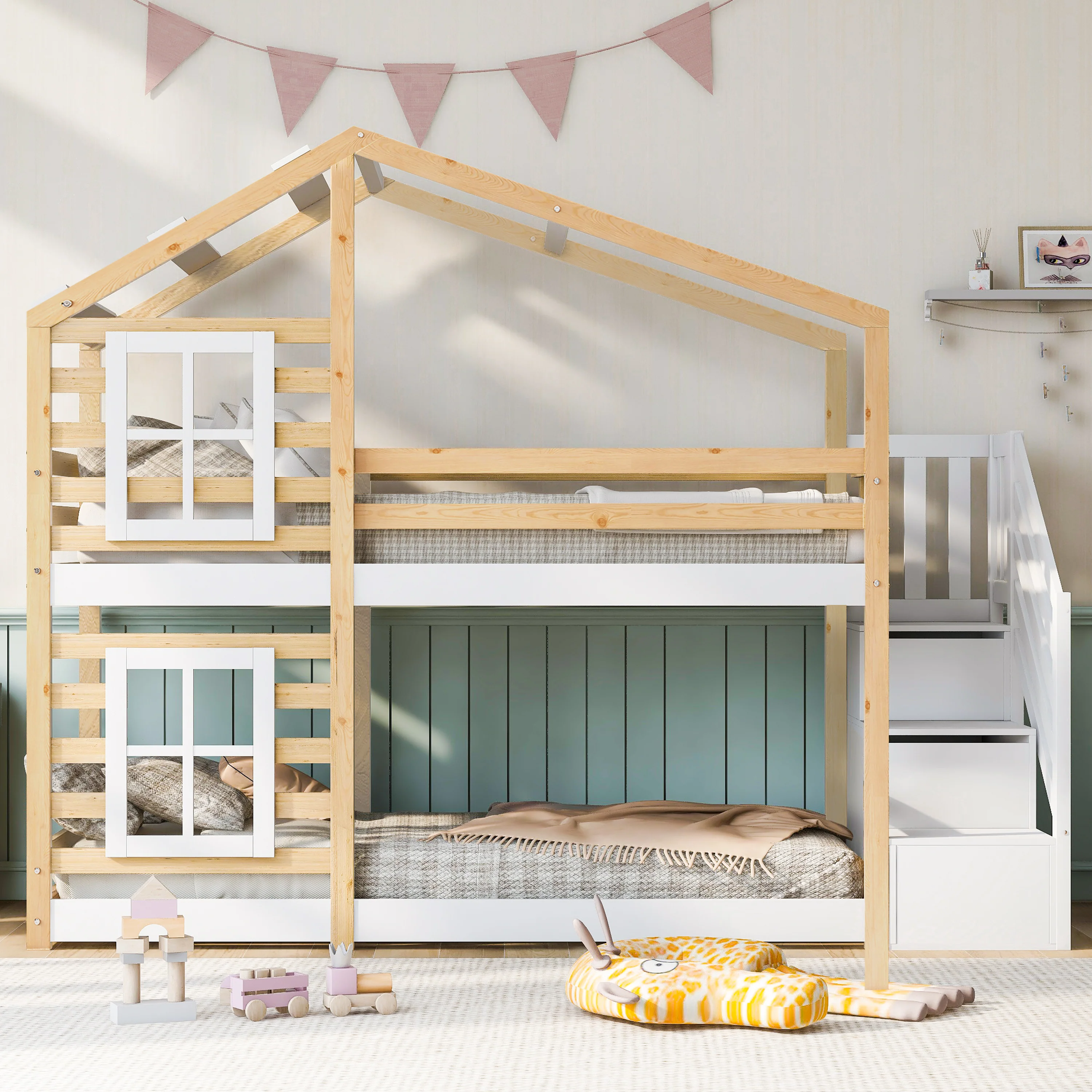 Children's Treehouse Bunk Bed 90x200cm Window Design Storage - Natural & White - Image 2