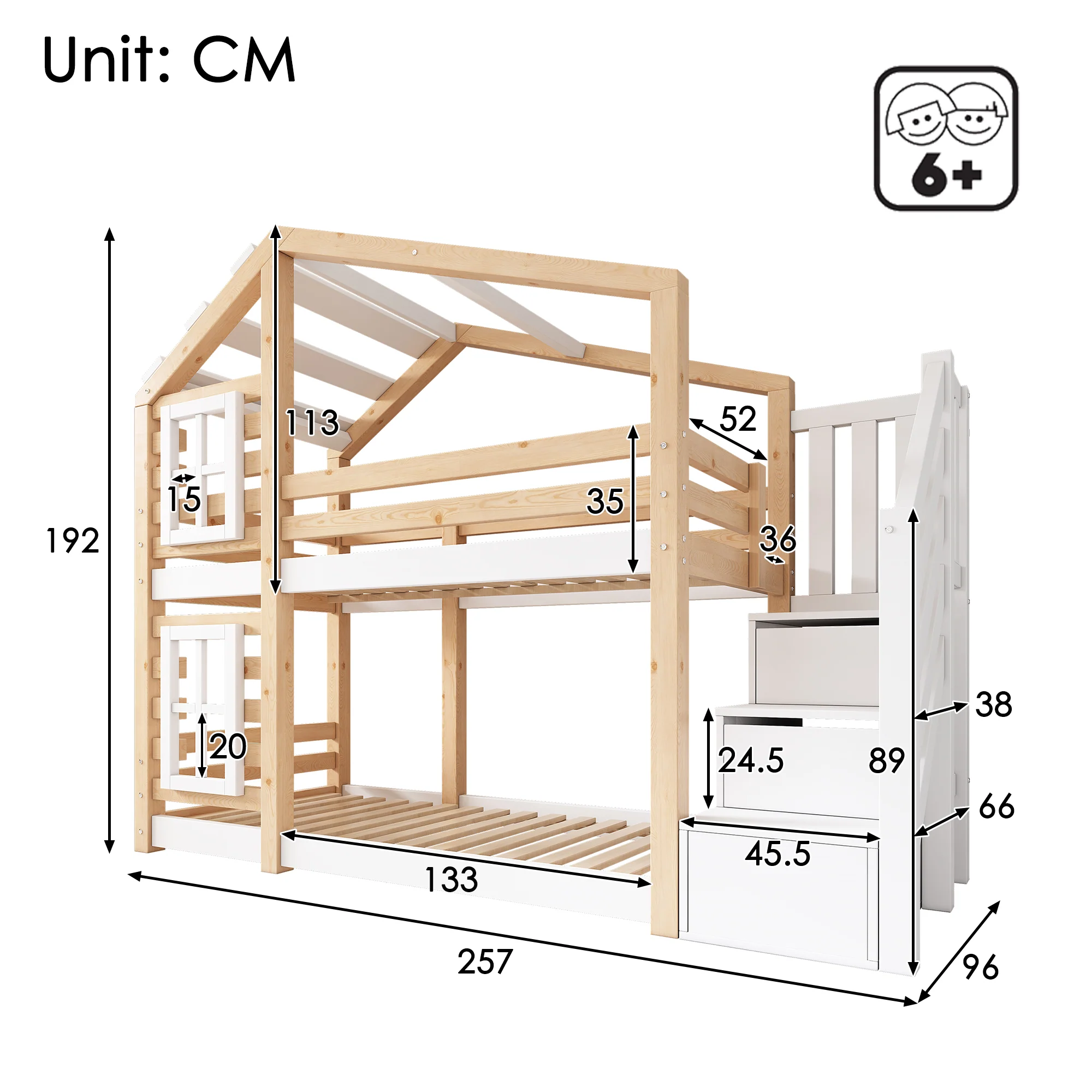 Children's Treehouse Bunk Bed 90x200cm Window Design Storage - Natural & White - Image 3