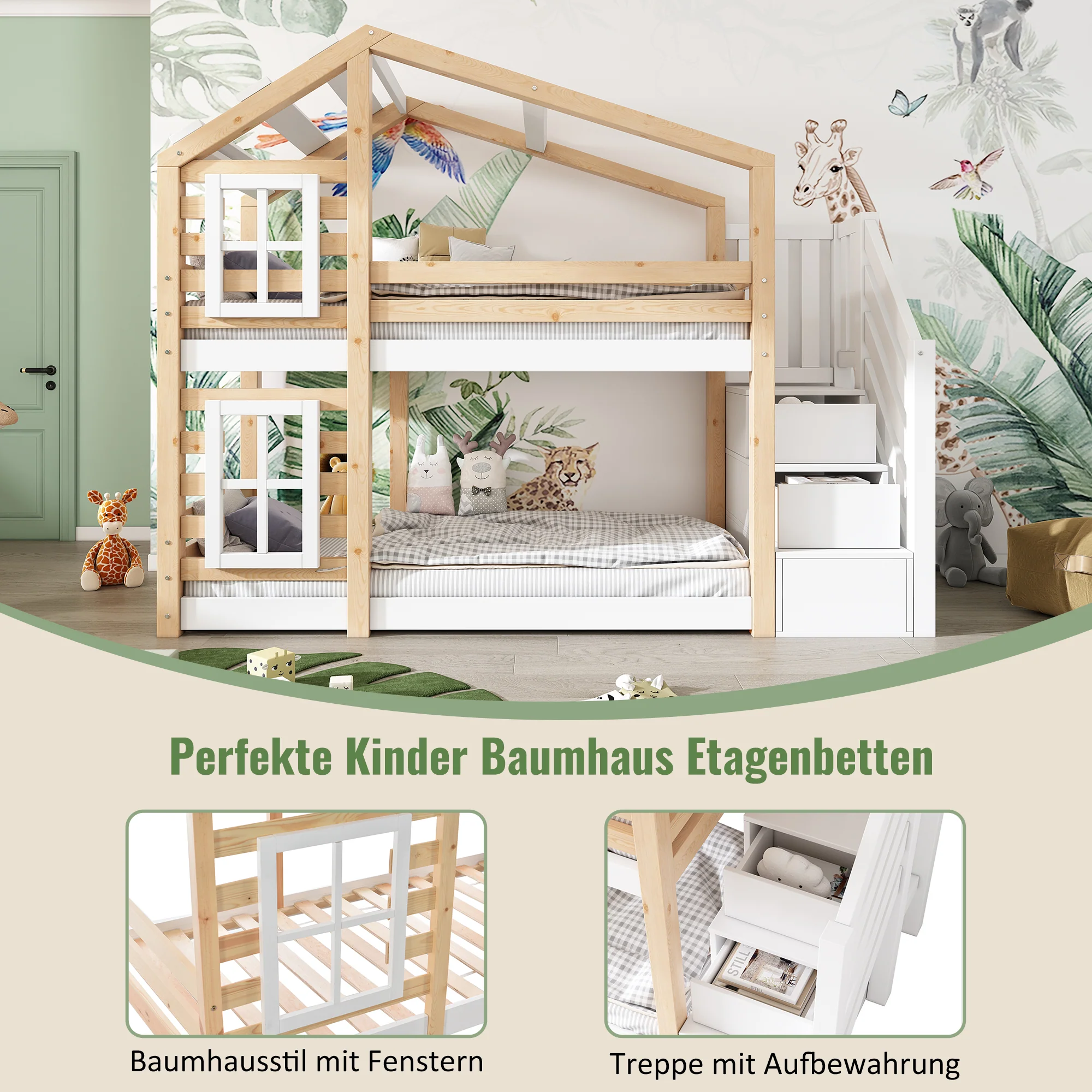 Children's Treehouse Bunk Bed 90x200cm Window Design Storage - Natural & White - Image 5