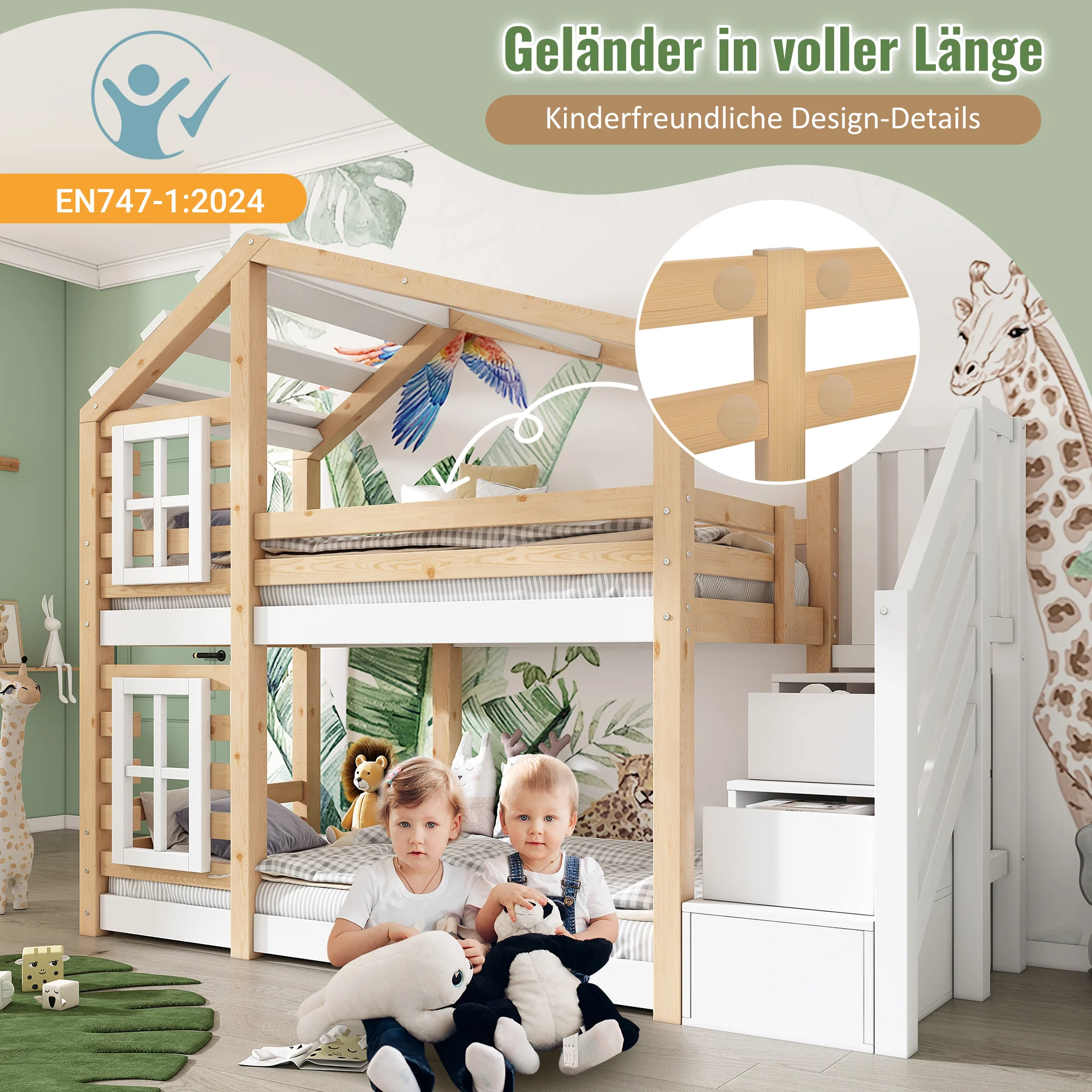 Children's Treehouse Bunk Bed 90x200cm Window Design Storage - Natural & White - Image 6
