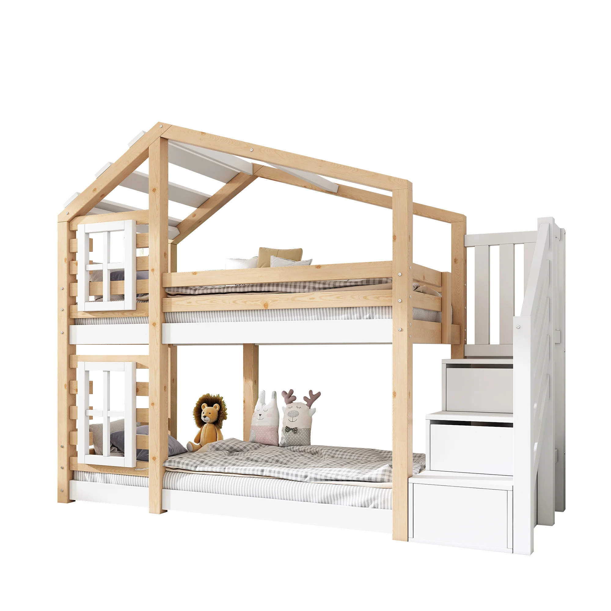 Children's Treehouse Bunk Bed 90x200cm Window Design Storage - Natural & White - Image 7