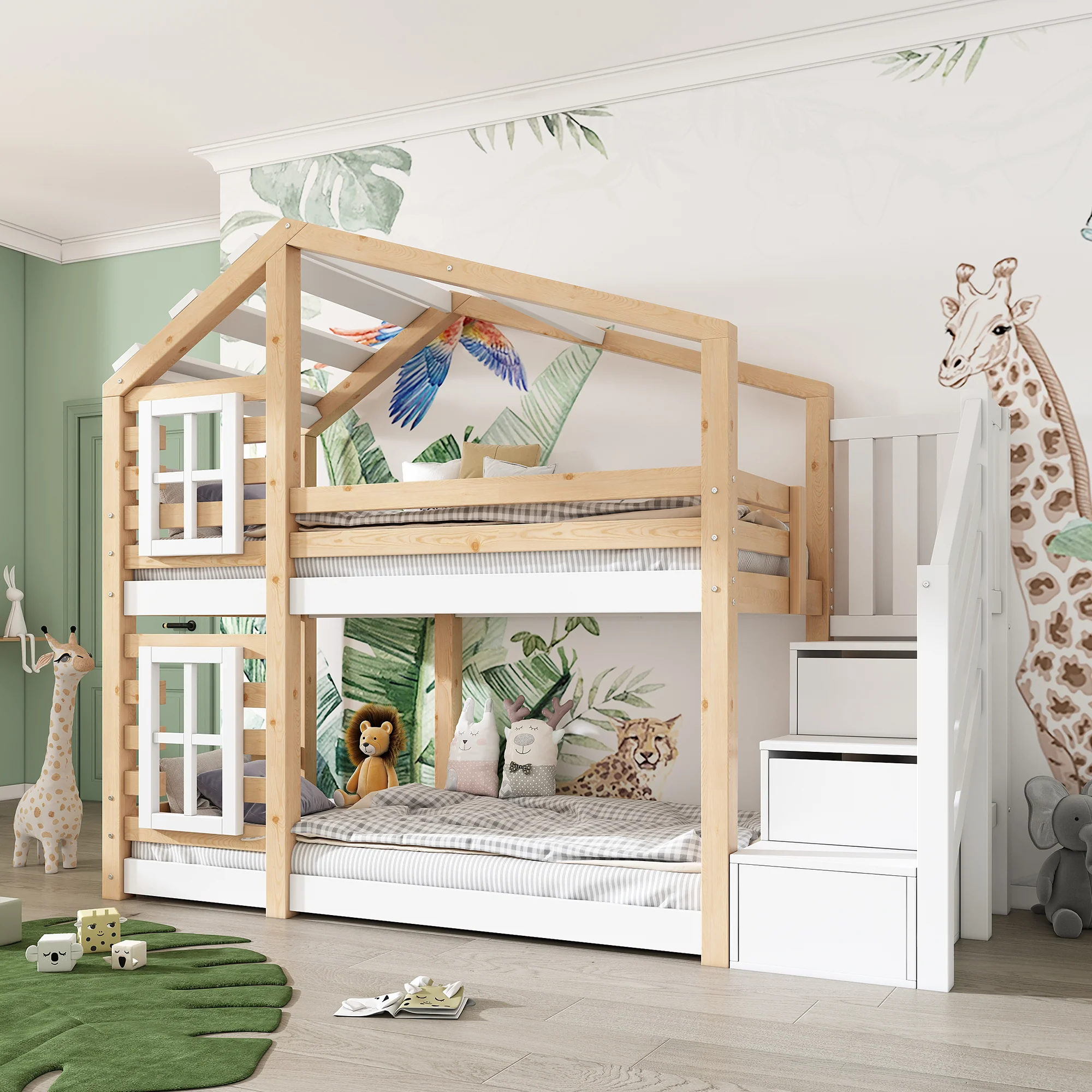 Children's Treehouse Bunk Bed 90x200cm Window Design Storage - Natural & White - Image 8