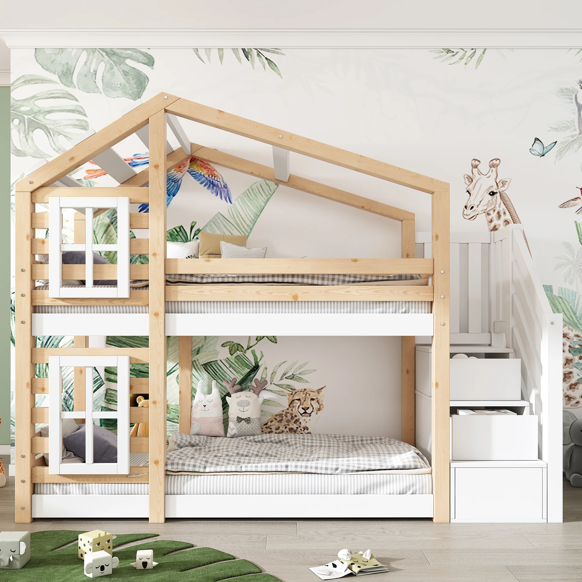 Children's Treehouse Bunk Bed 90x200cm Window Design Storage - Natural & White - Image 9