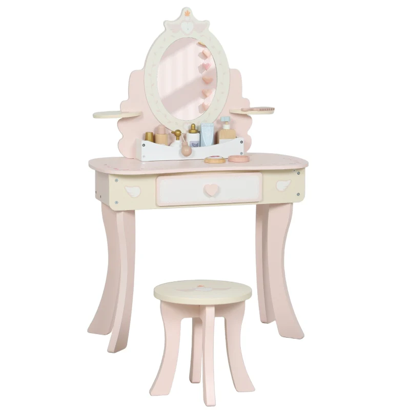 Children's Vanity Desk Set 2-in-1 Chair Drawer Mirror MDF - Pink