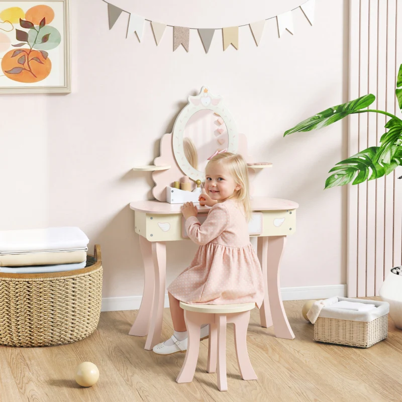 Children's Vanity Desk Set 2-in-1 Chair Drawer Mirror MDF - Pink - Image 2