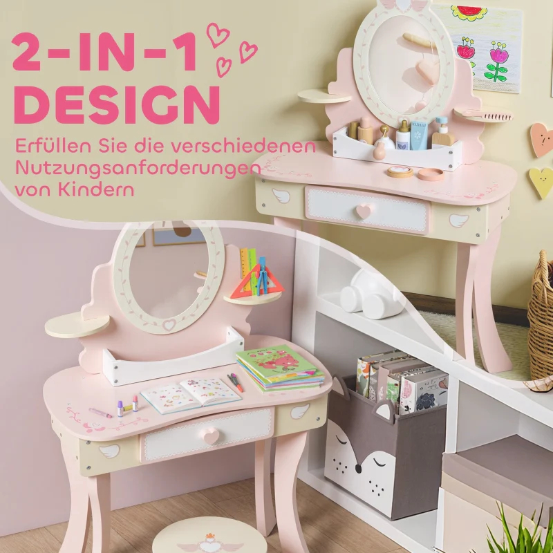 Children's Vanity Desk Set 2-in-1 Chair Drawer Mirror MDF - Pink - Image 4