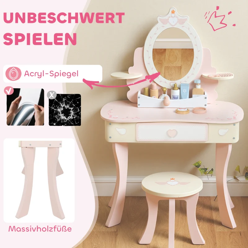 Children's Vanity Desk Set 2-in-1 Chair Drawer Mirror MDF - Pink - Image 6