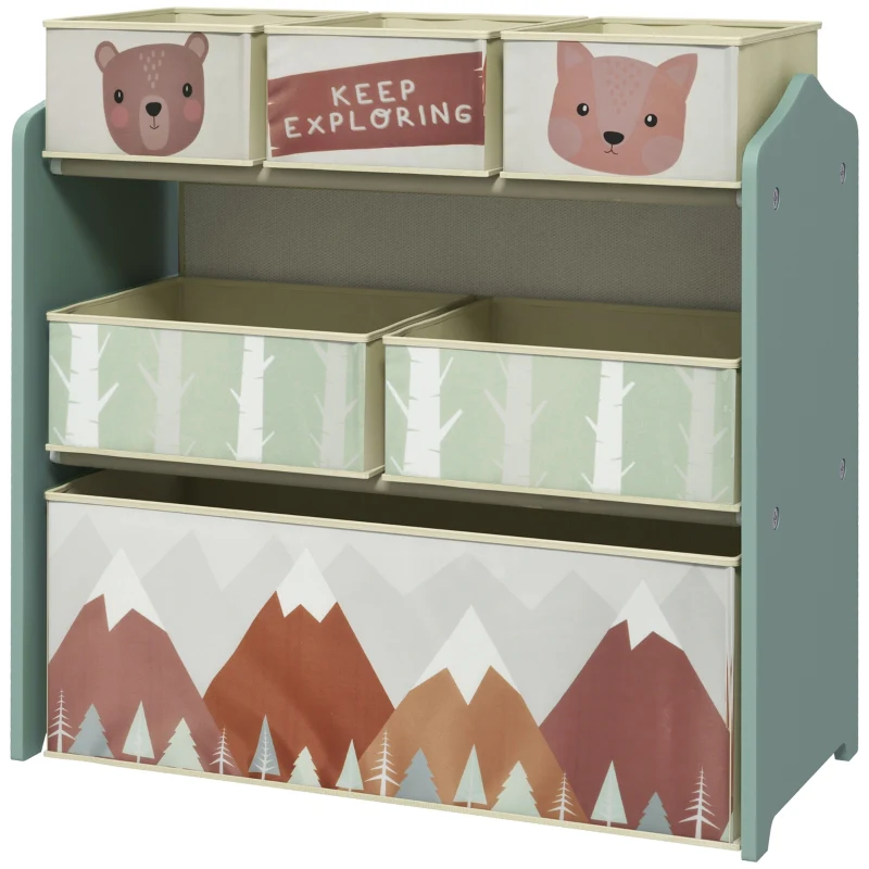 Children's Wardrobe 6 Fabric Boxes Cute Design - Green