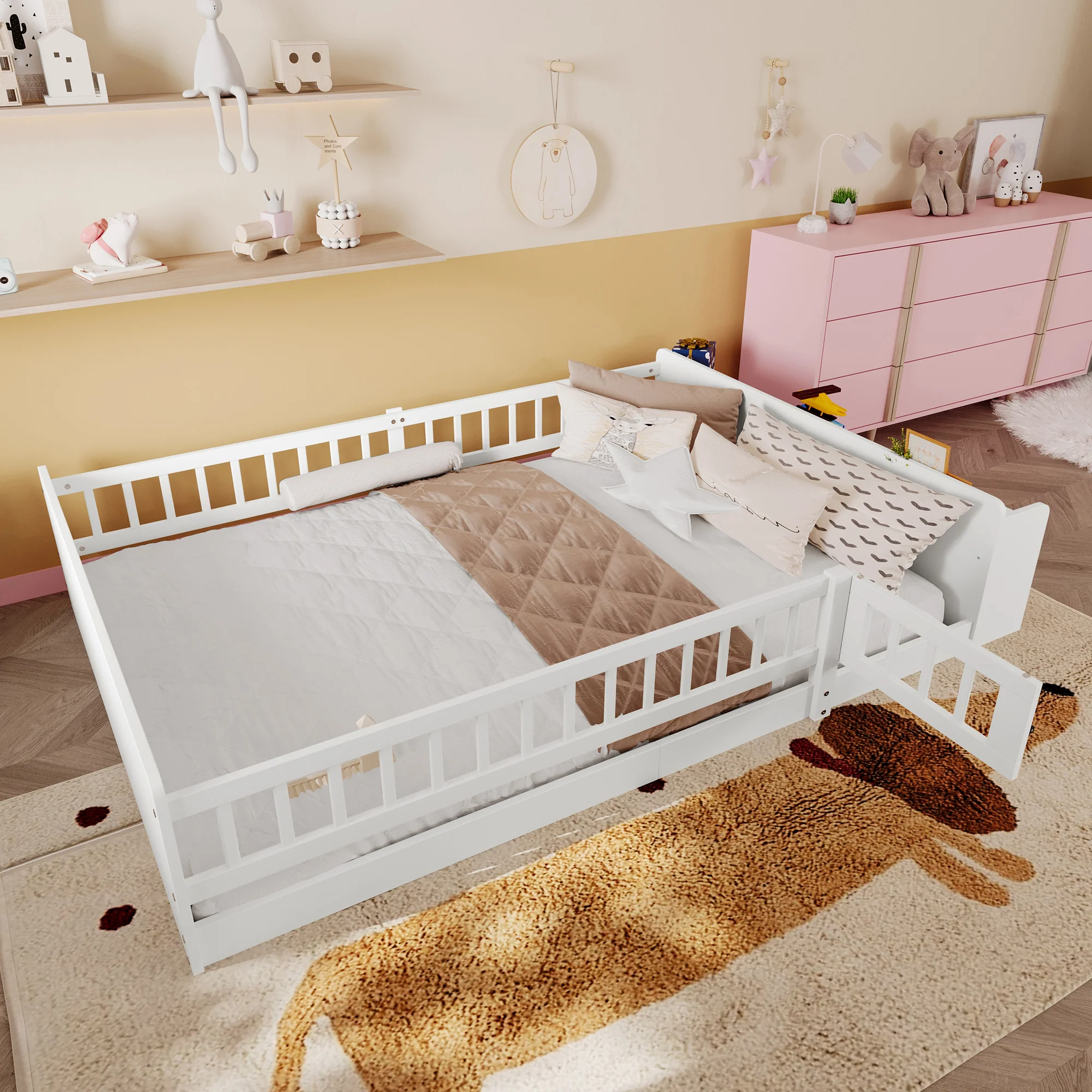 Children's Wooden Bed 140x190cm Open Storage Shelves Opening Case - Pine White - Image 10