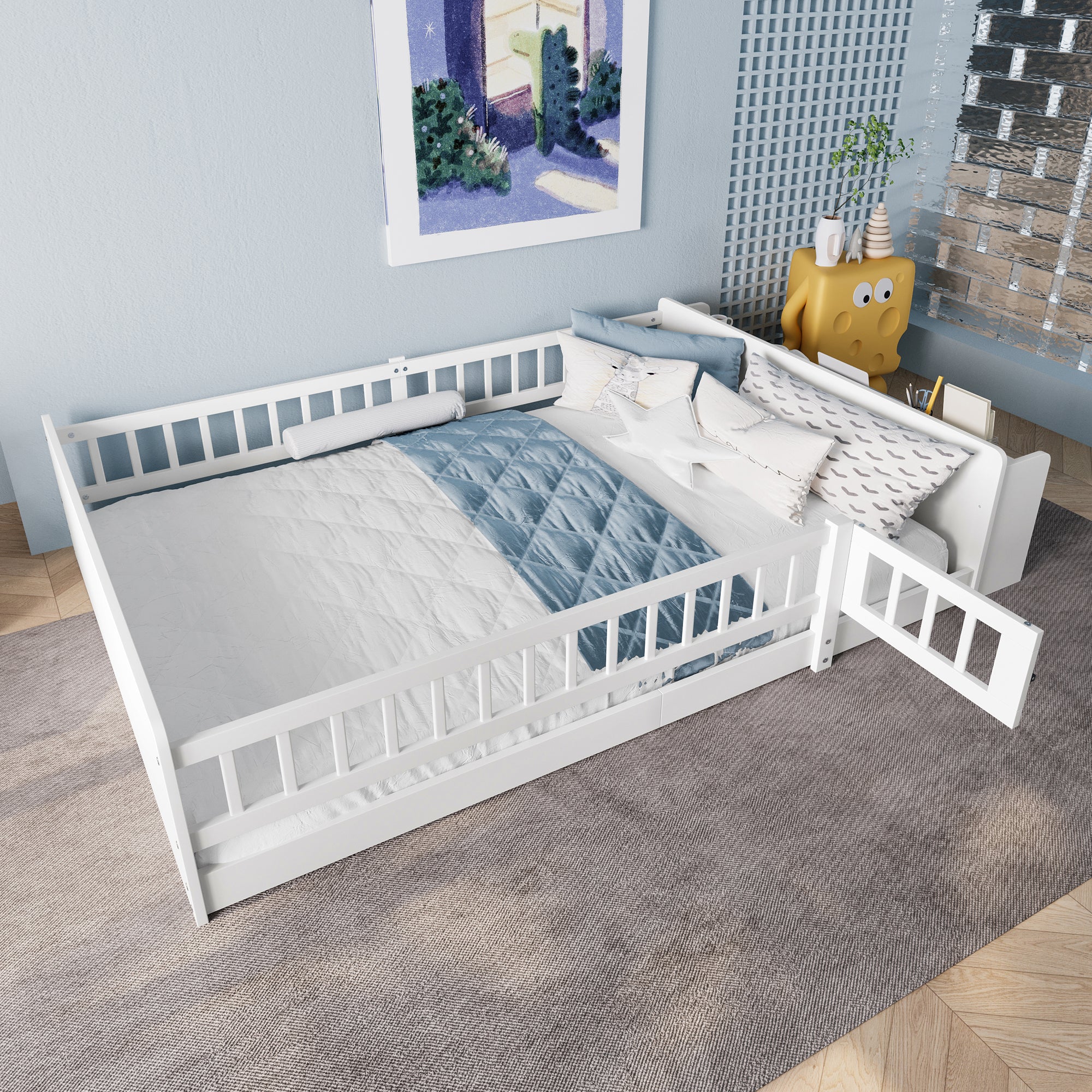 Children's Wooden Bed 140x190cm Open Storage Shelves Opening Case - Pine White - Image 3