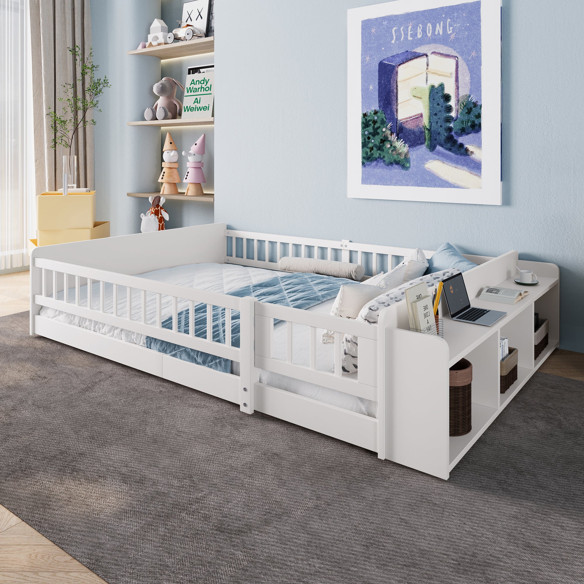 Children's Wooden Bed 140x190cm Open Storage Shelves Opening Case - Pine White - Image 4