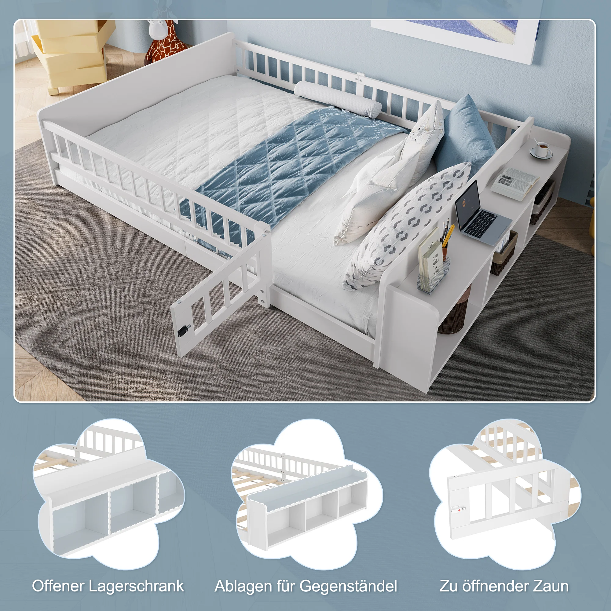 Children's Wooden Bed 140x190cm Open Storage Shelves Opening Case - Pine White - Image 6