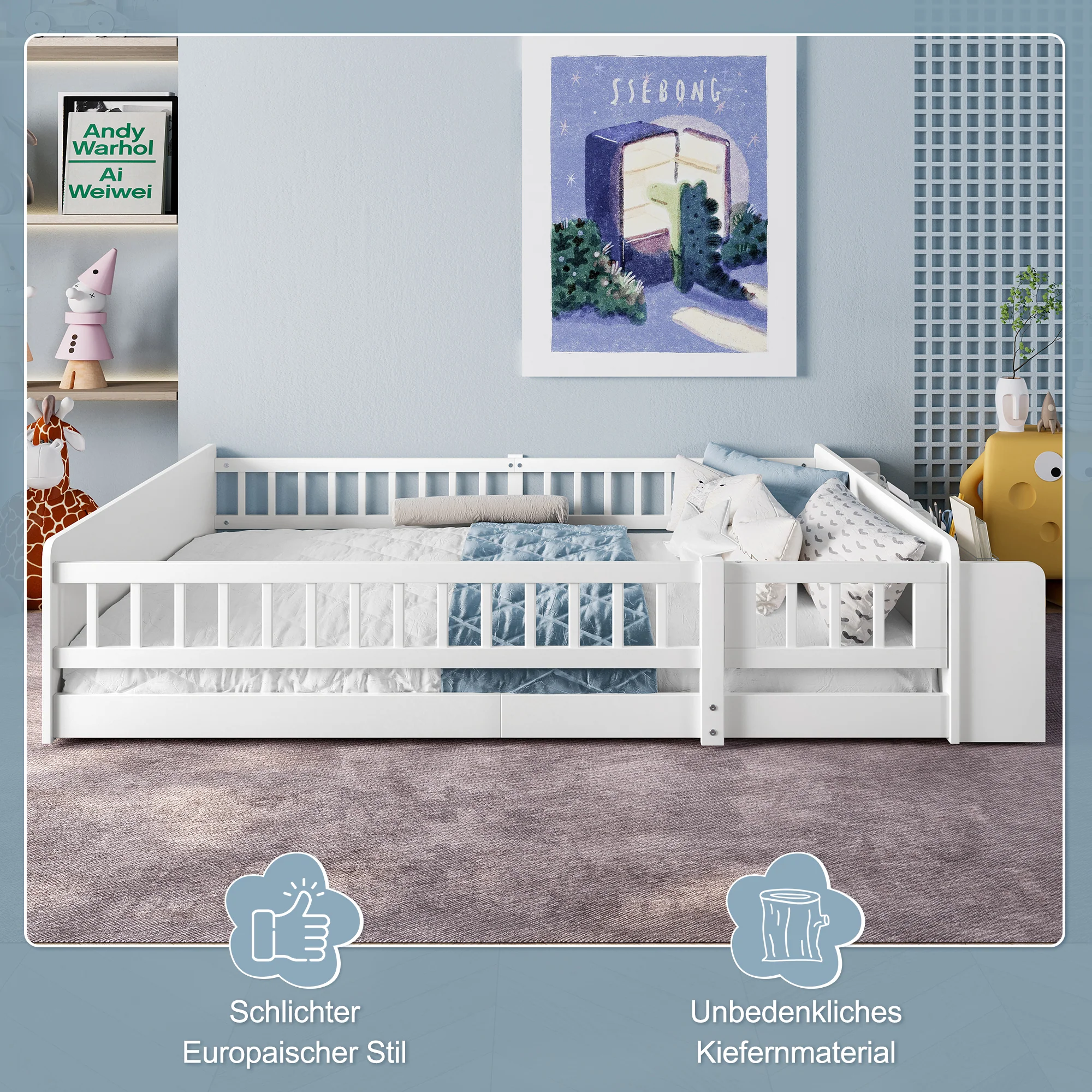 Children's Wooden Bed 140x190cm Open Storage Shelves Opening Case - Pine White - Image 7