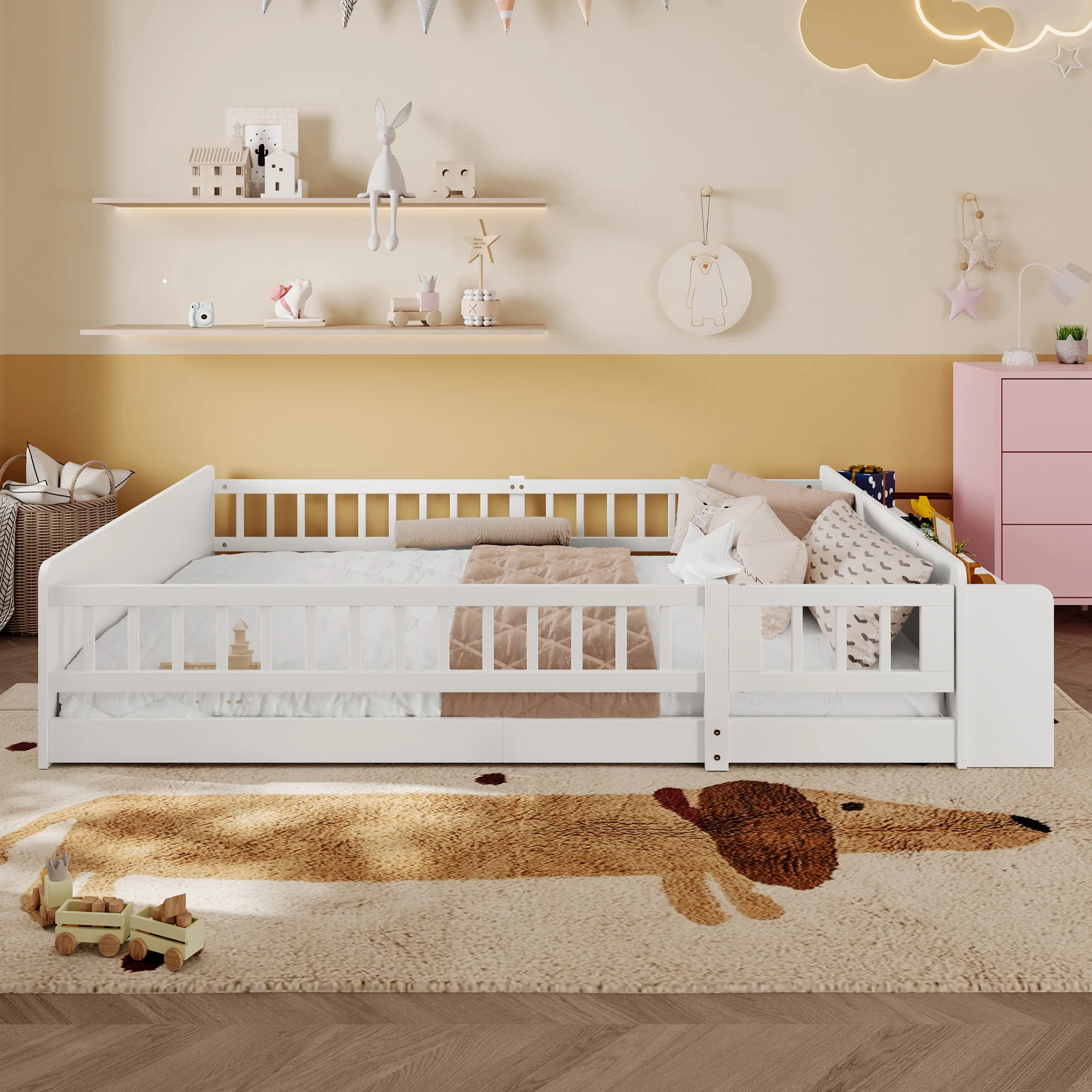 Children's Wooden Bed 140x190cm Open Storage Shelves Opening Case - Pine White - Image 8