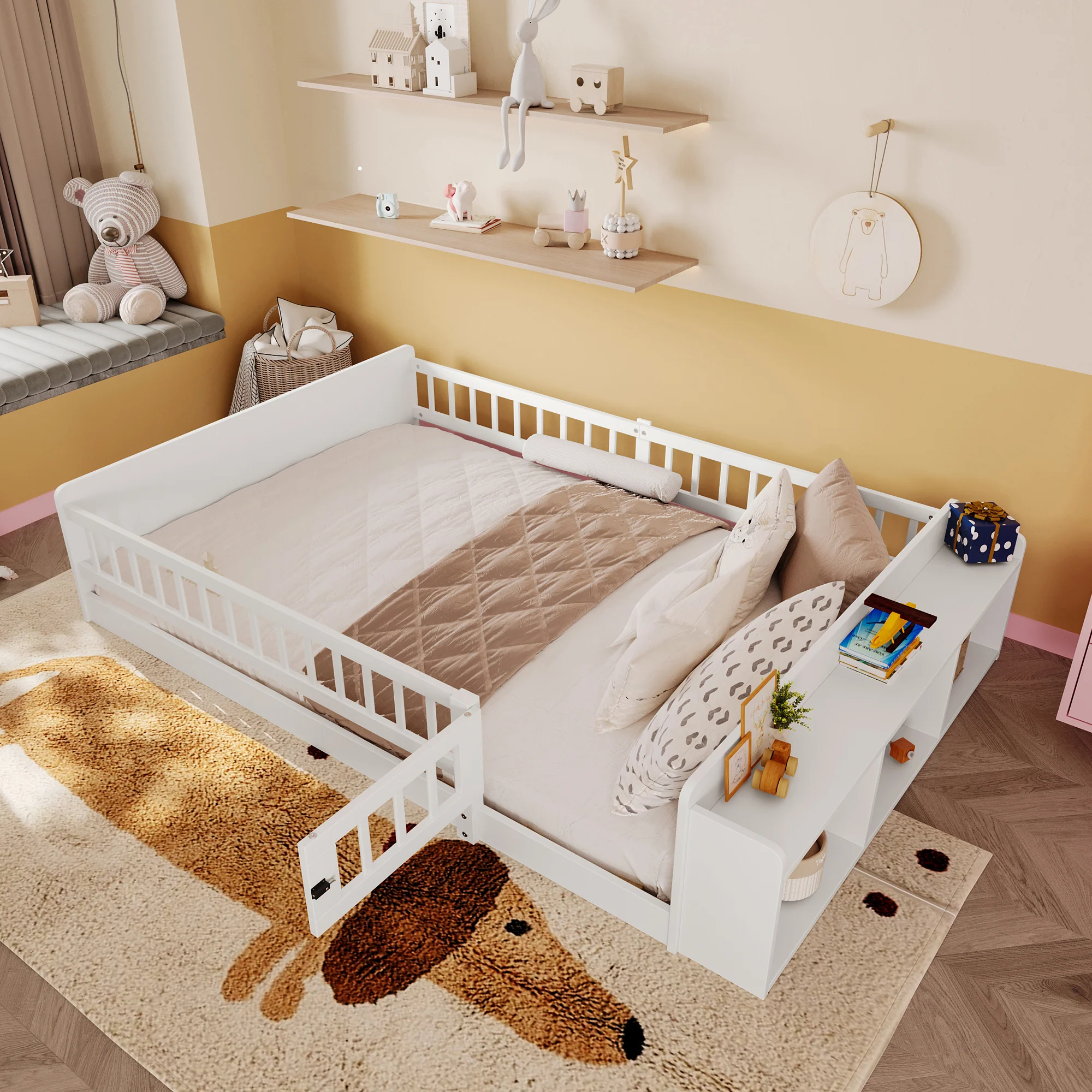 Children's Wooden Bed 140x190cm Open Storage Shelves Opening Case - Pine White - Image 9