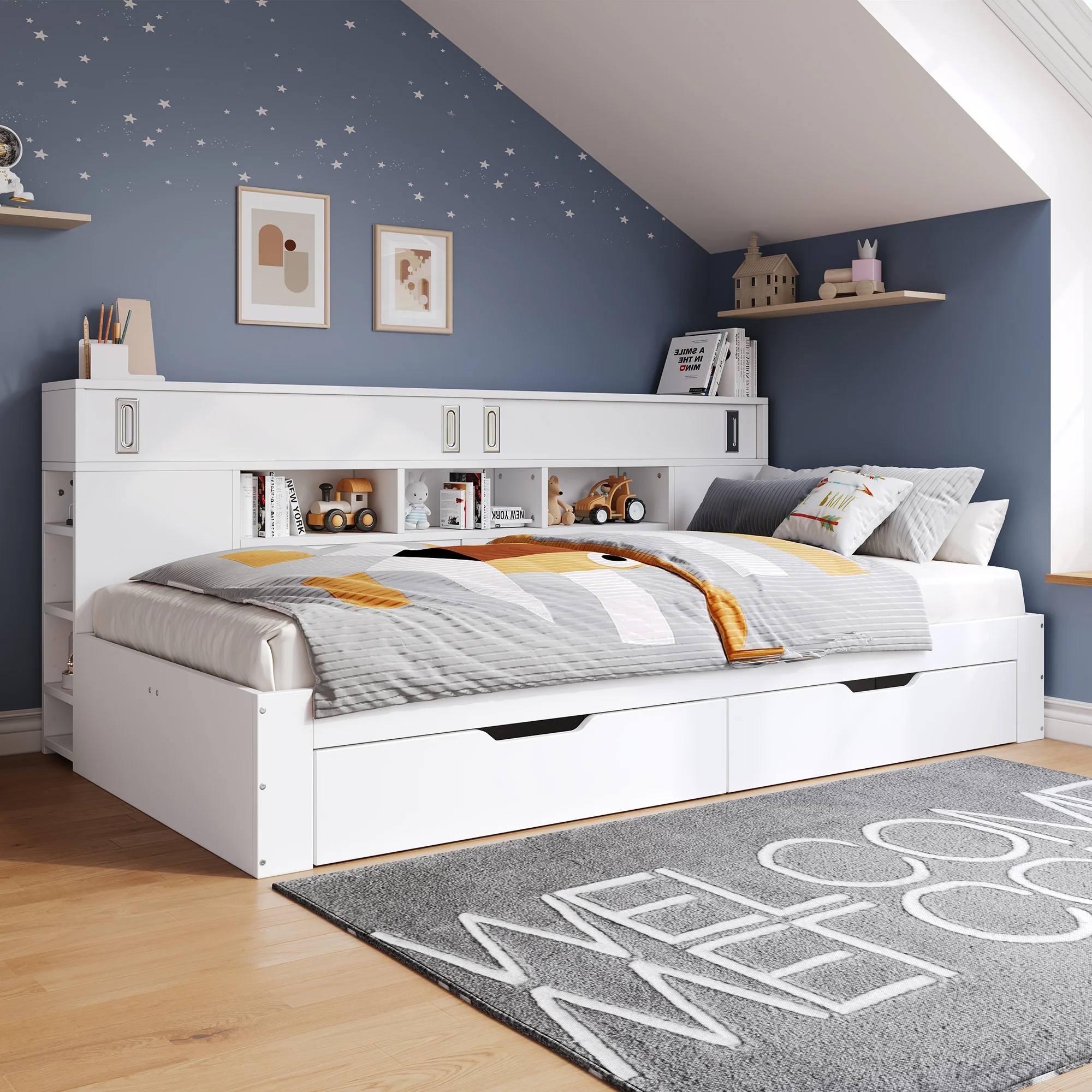Child's Day Bed 90x190cm Multifunctional Drawers Shelf Cabinet Storage - White - Image 3