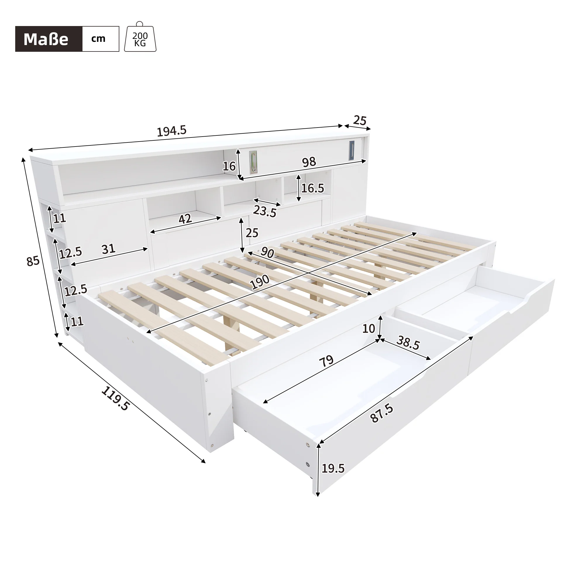 Child's Day Bed 90x190cm Multifunctional Drawers Shelf Cabinet Storage - White - Image 7