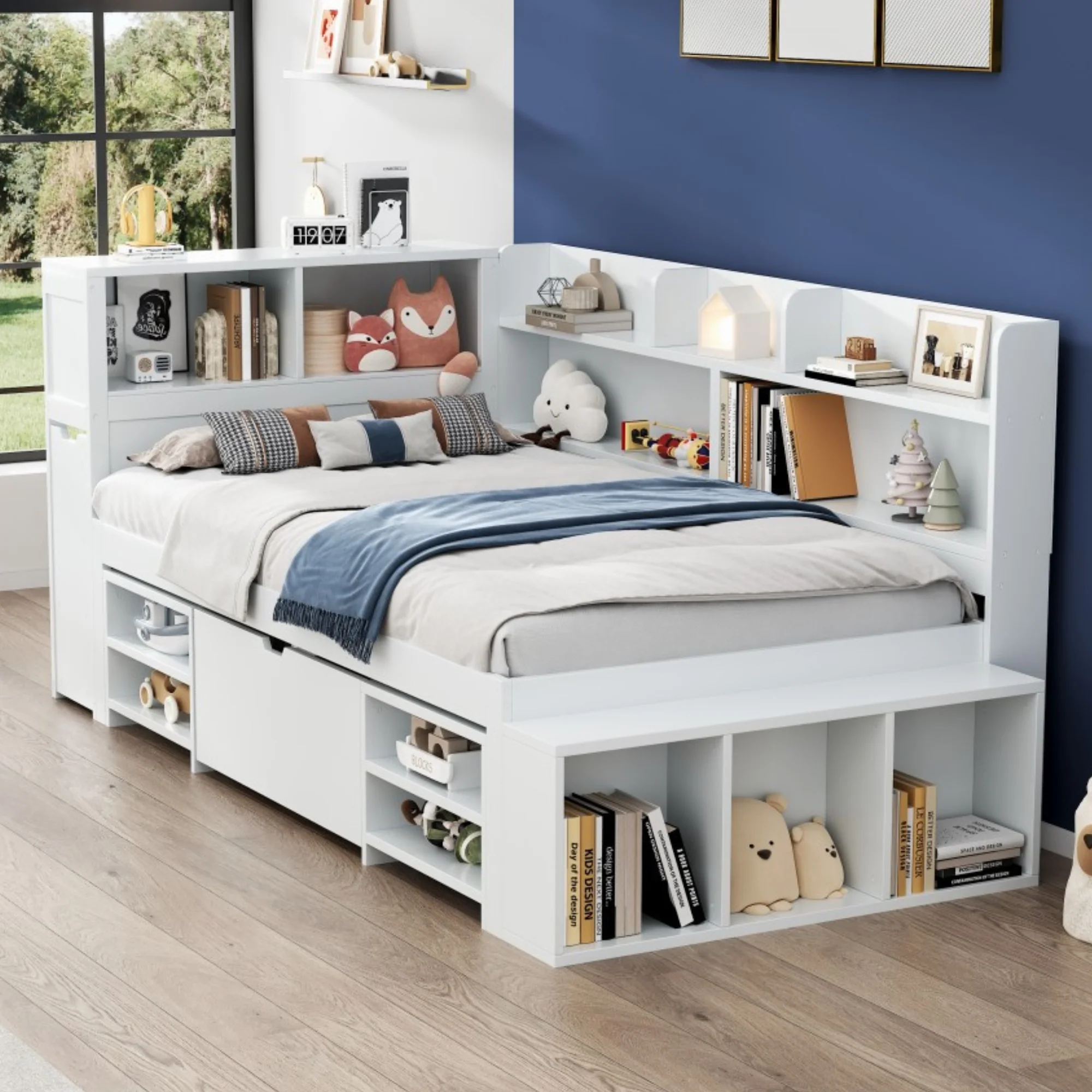 Child's Single Bed 90x190cm Drawers Shelves Storage - White - Image 2