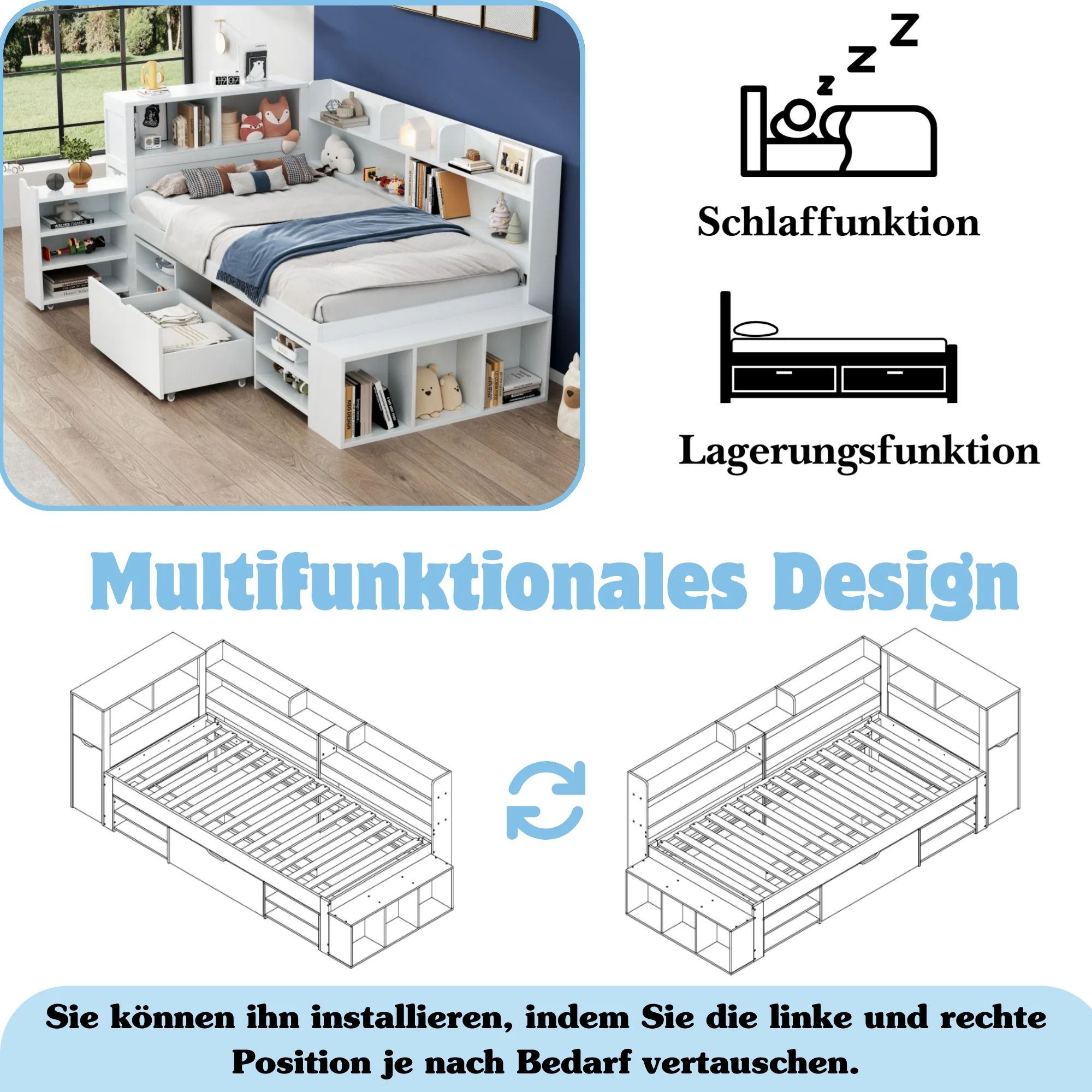 Child's Single Bed 90x190cm Drawers Shelves Storage - White - Image 4