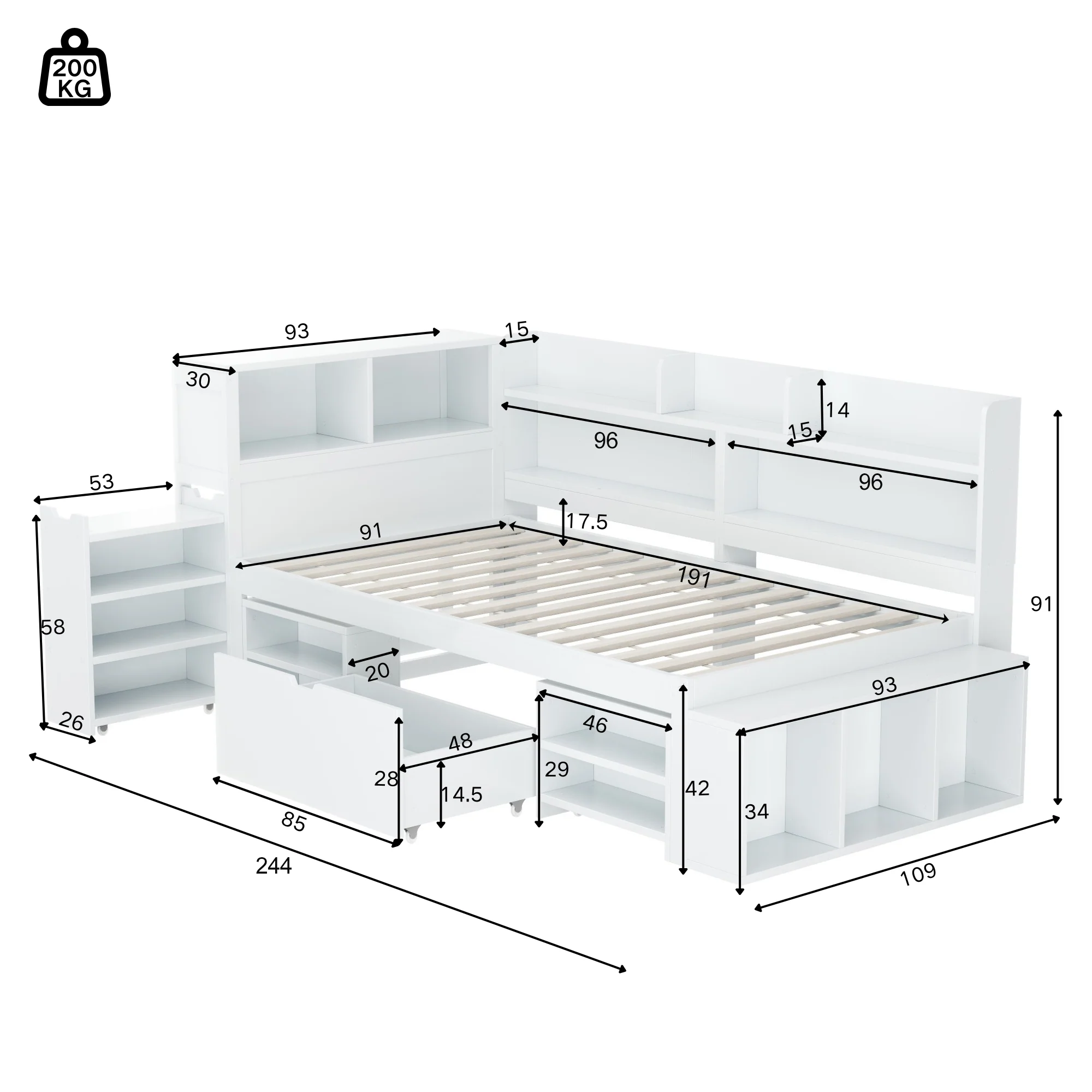 Child's Single Bed 90x190cm Drawers Shelves Storage - White - Image 5