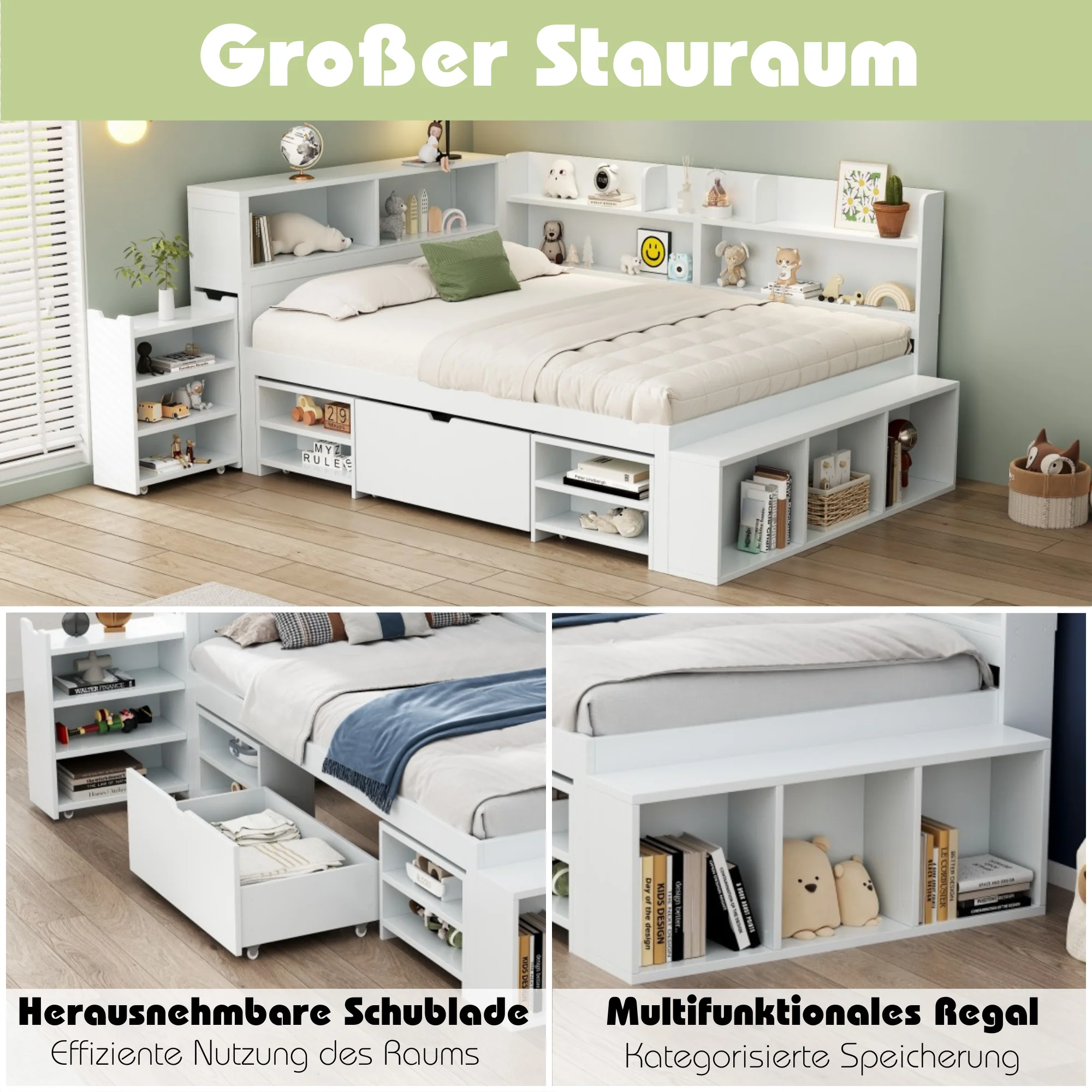 Child's Single Bed 90x190cm Drawers Shelves Storage - White - Image 6