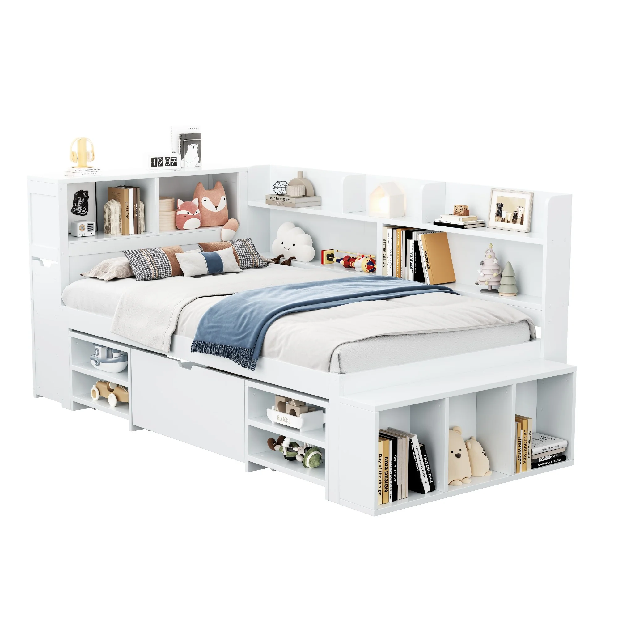 Child's Single Bed 90x190cm Drawers Shelves Storage - White - Image 7