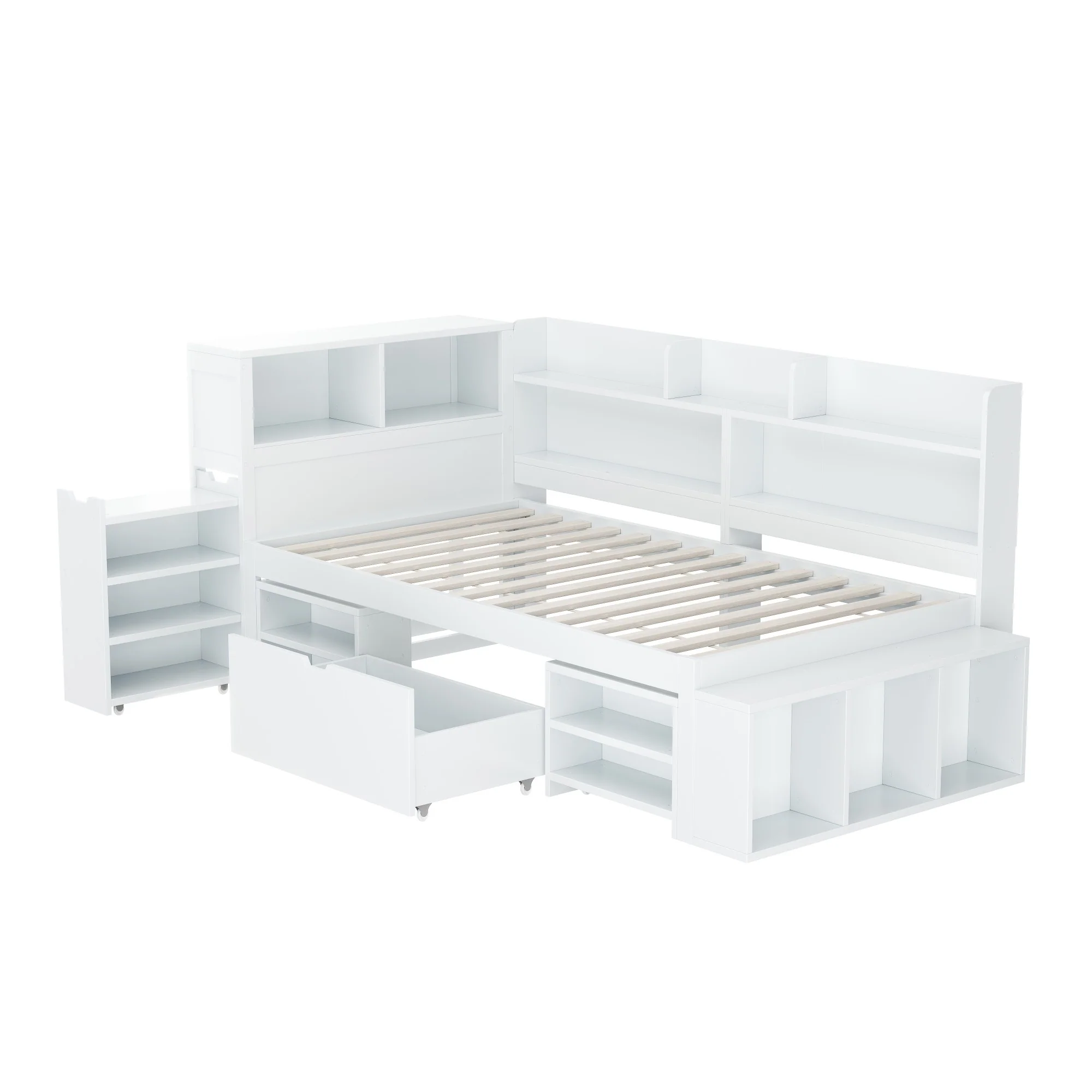 Child's Single Bed 90x190cm Drawers Shelves Storage - White - Image 9