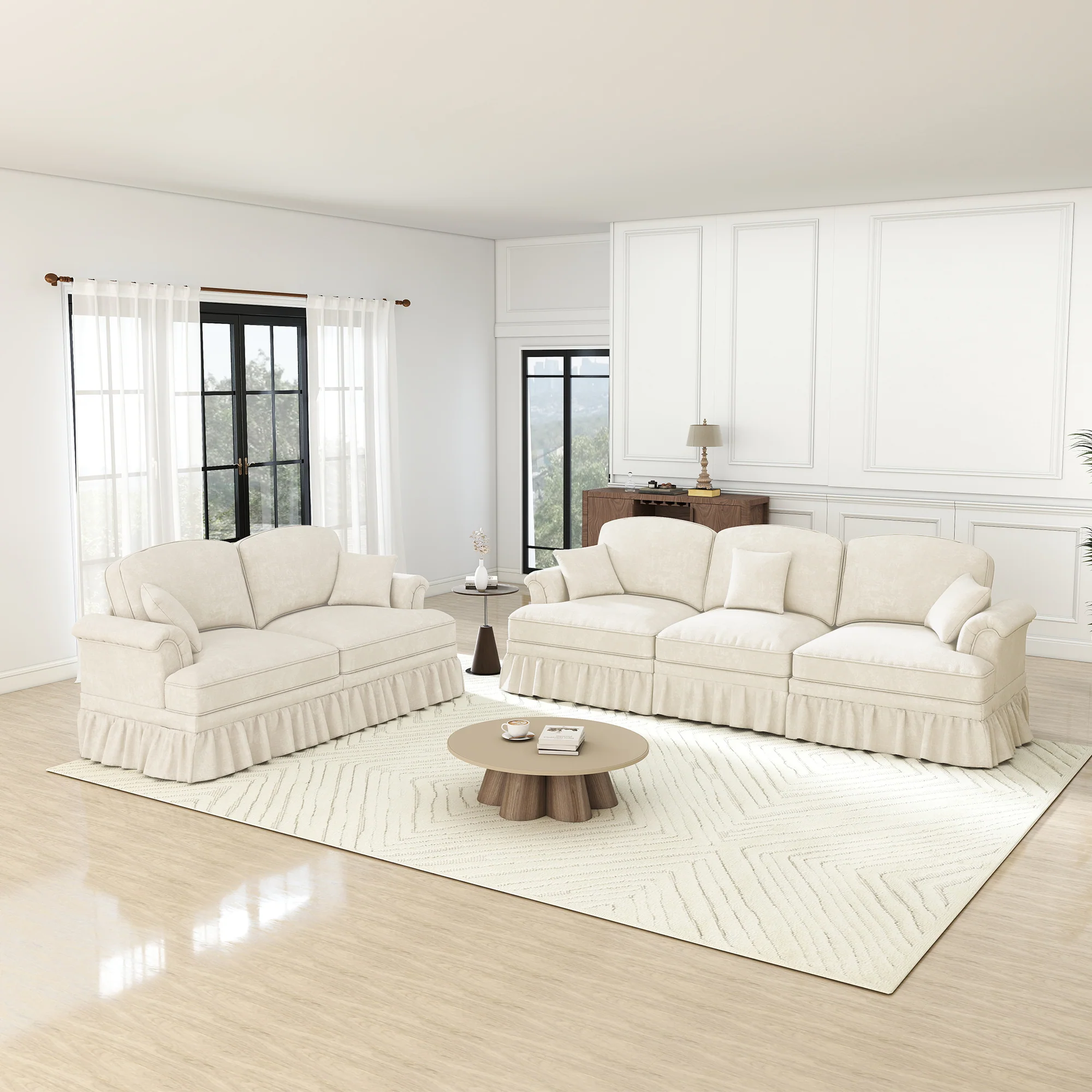 Classic 2-piece Modular Sofa Set 3-Seater 2-Seater Loveseat Ruffled Apron Spindle Legs - Chenille White - Image 2