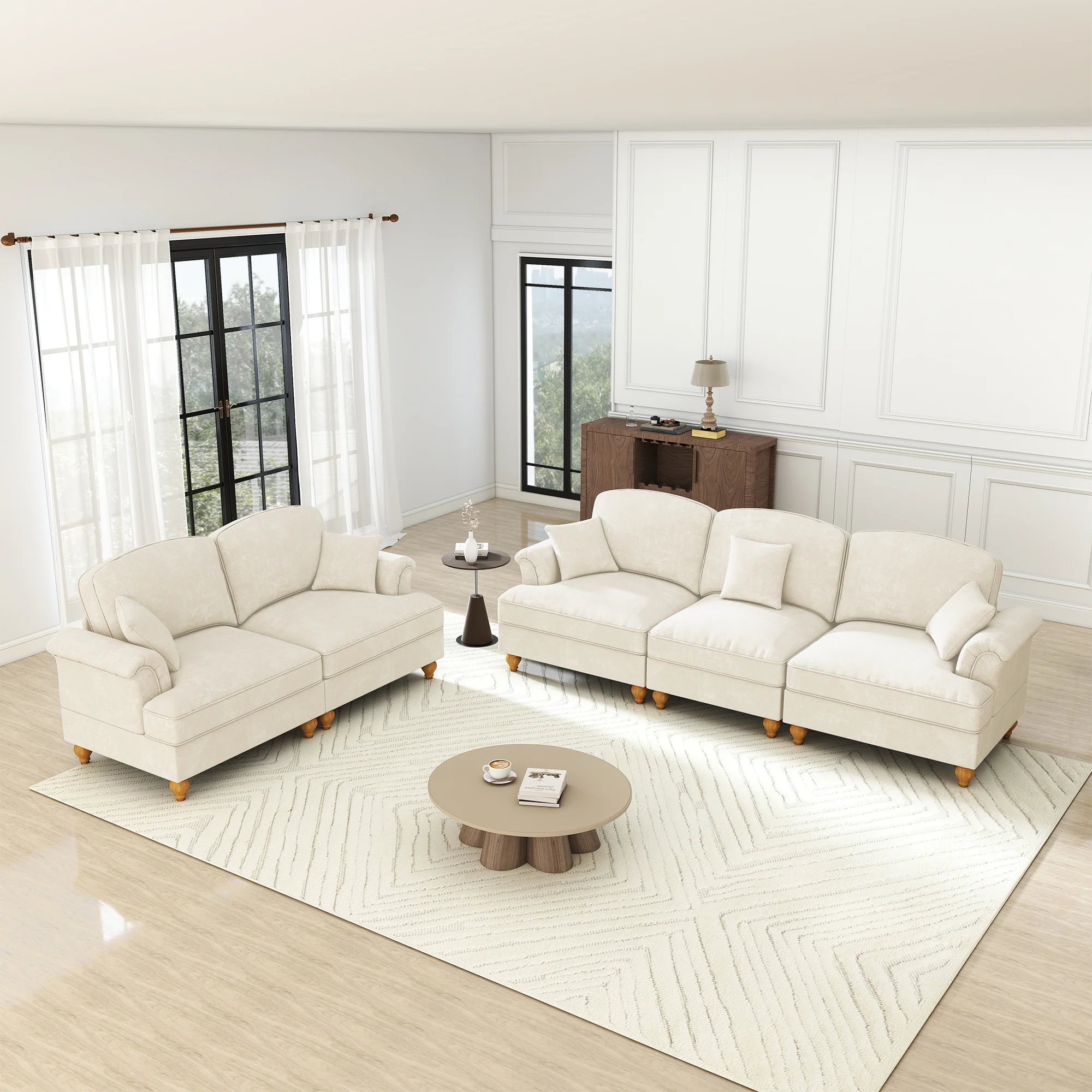 Classic 2-piece Modular Sofa Set 3-Seater 2-Seater Loveseat Ruffled Apron Spindle Legs - Chenille White - Image 3