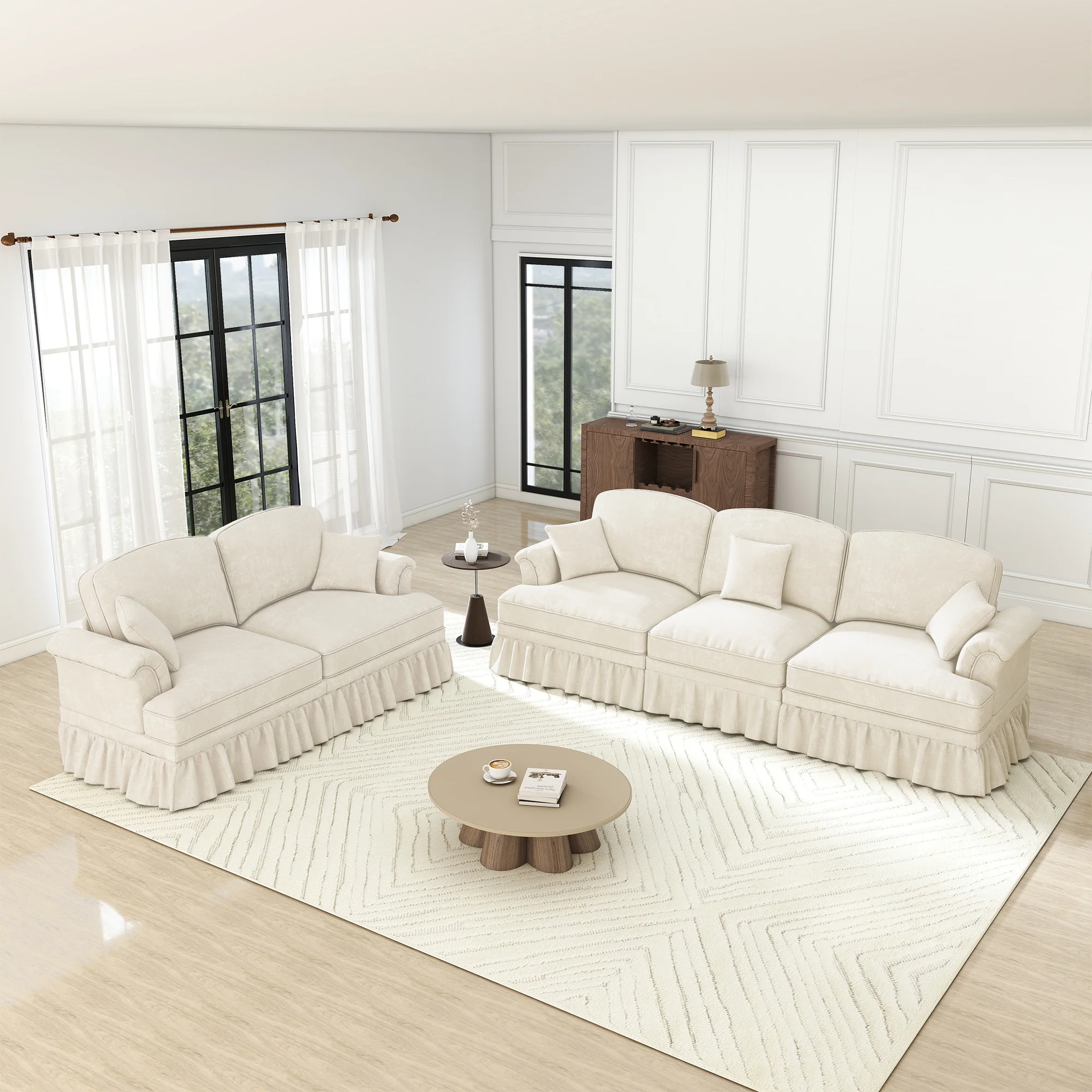 Classic 2-piece Modular Sofa Set 3-Seater 2-Seater Loveseat Ruffled Apron Spindle Legs - Chenille White - Image 4