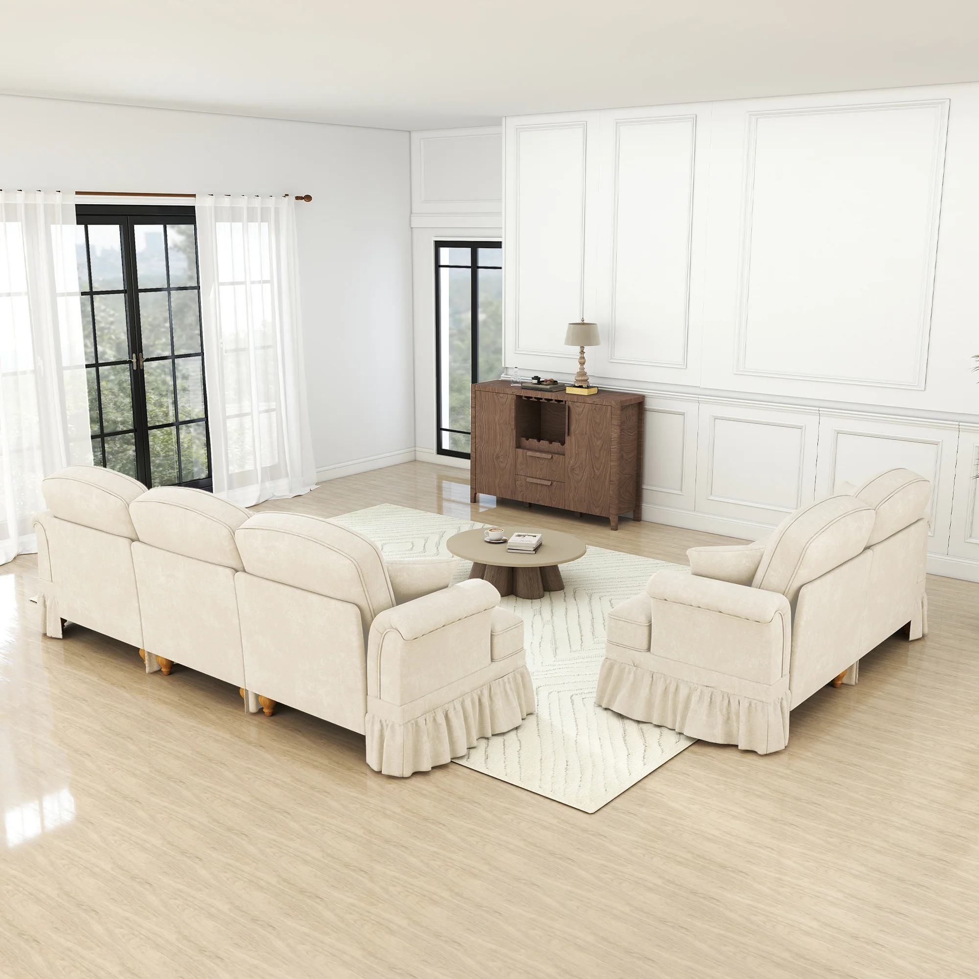 Classic 2-piece Modular Sofa Set 3-Seater 2-Seater Loveseat Ruffled Apron Spindle Legs - Chenille White - Image 5