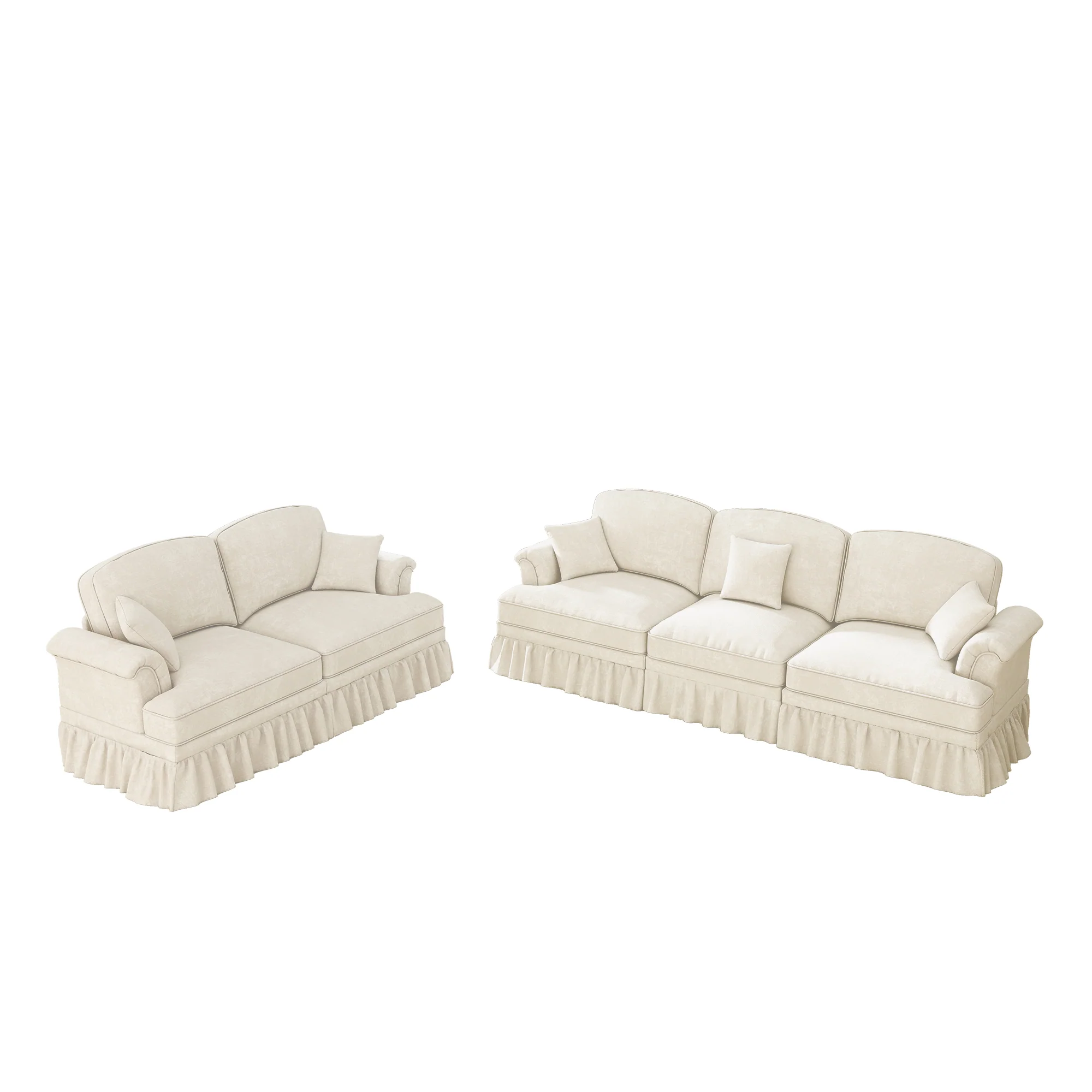 Classic 2-piece Modular Sofa Set 3-Seater 2-Seater Loveseat Ruffled Apron Spindle Legs - Chenille White - Image 7