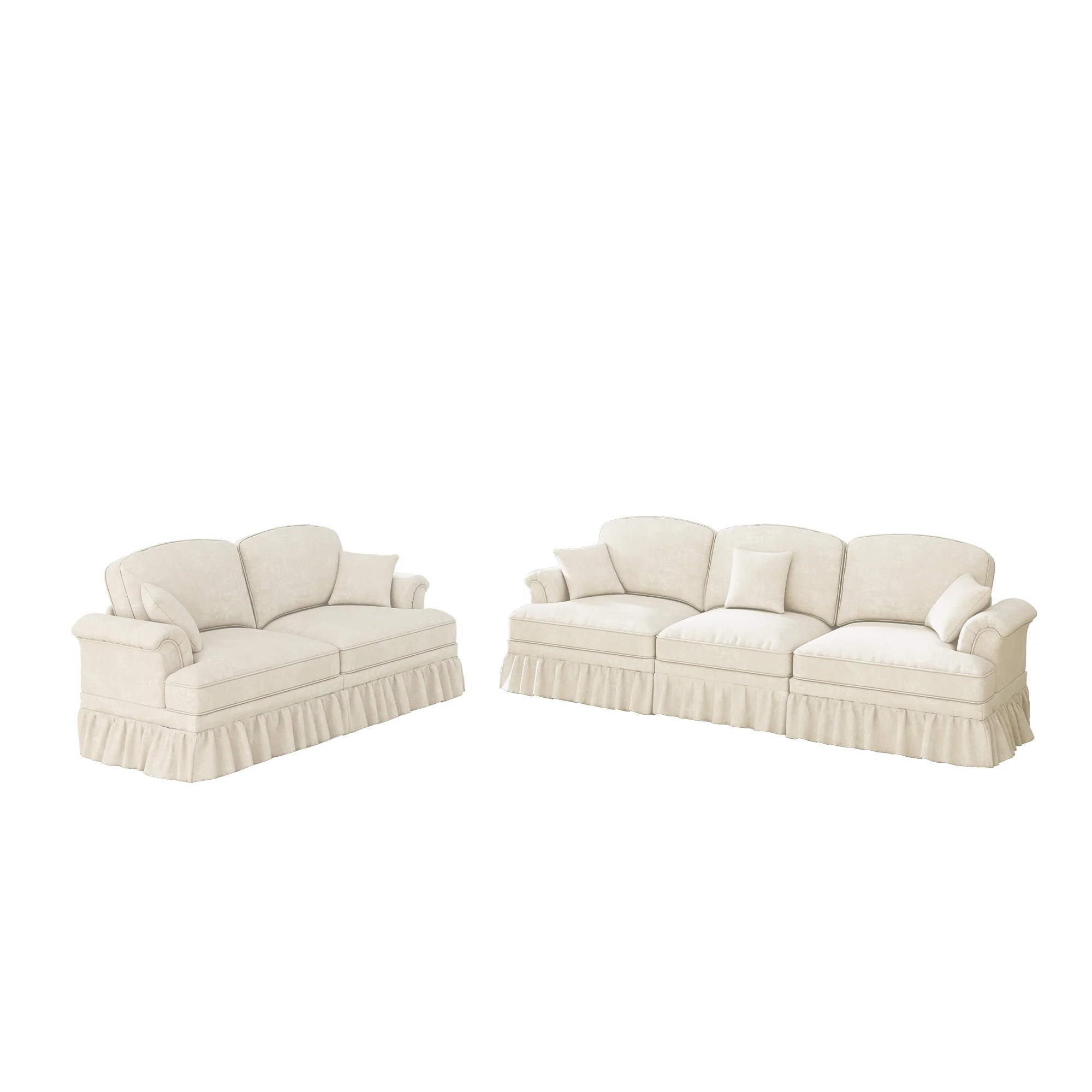 Classic 2-piece Modular Sofa Set 3-Seater 2-Seater Loveseat Ruffled Apron Spindle Legs - Chenille White - Image 8