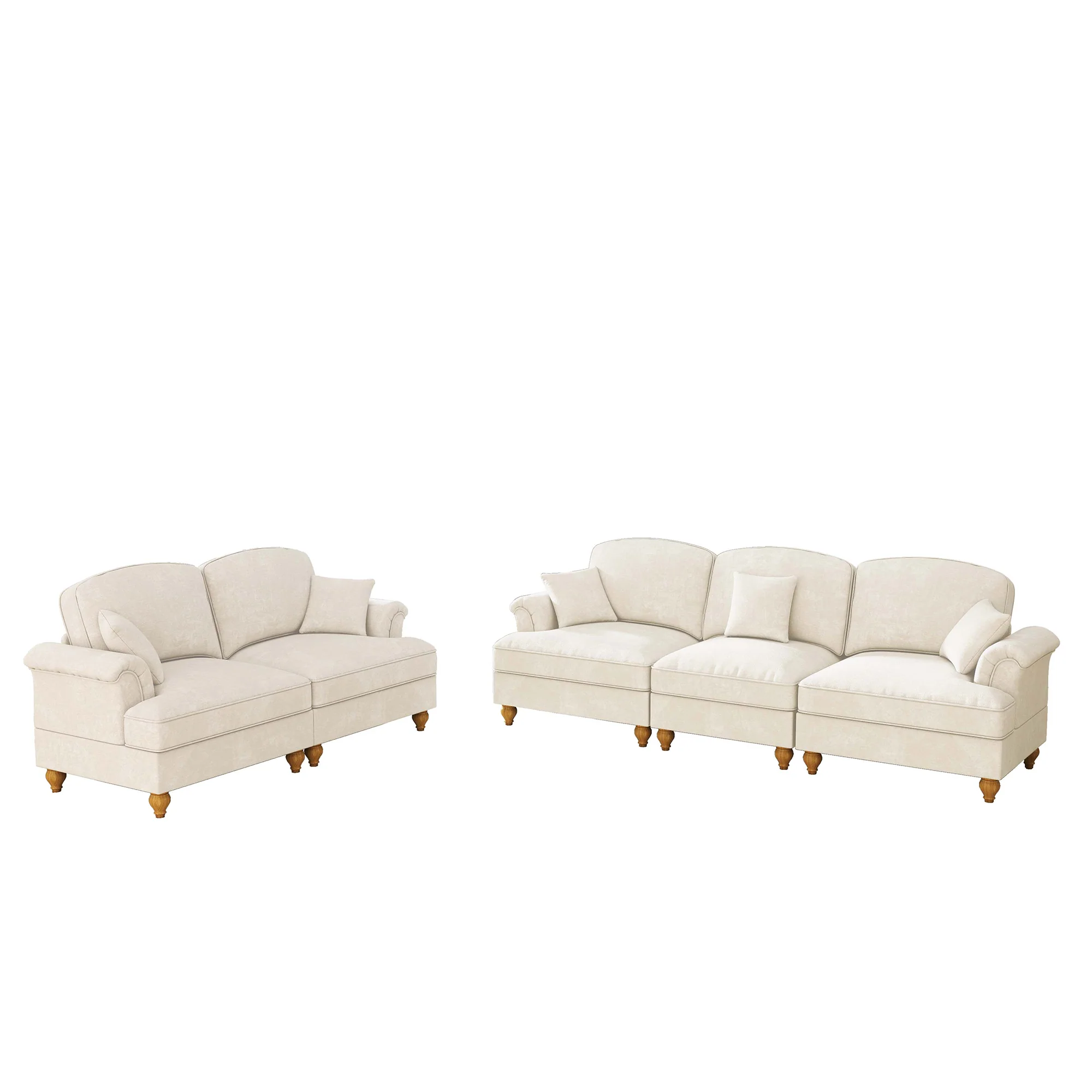 Classic 2-piece Modular Sofa Set 3-Seater 2-Seater Loveseat Ruffled Apron Spindle Legs - Chenille White - Image 9