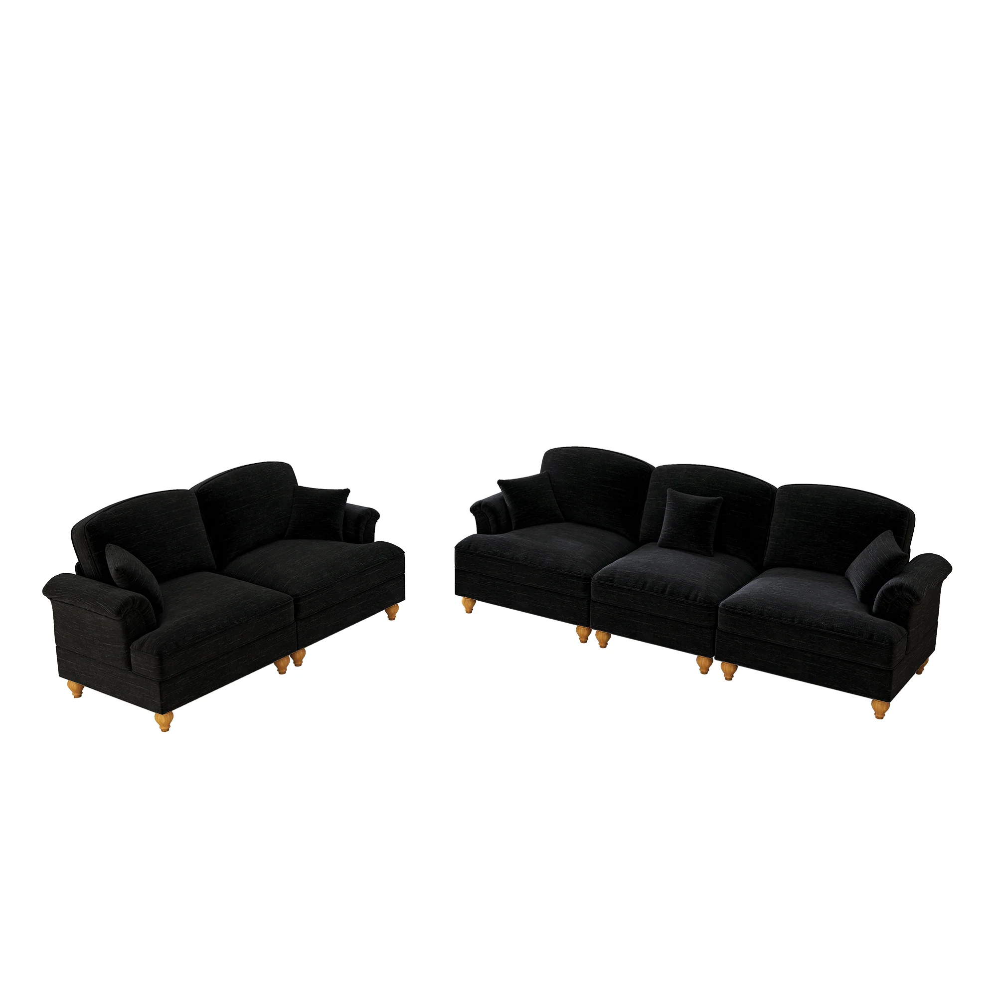 Classic 2-piece Sofa Set Modular 3-Seater & Loveseat Ruffled Apron - Chenille Black - Image 10