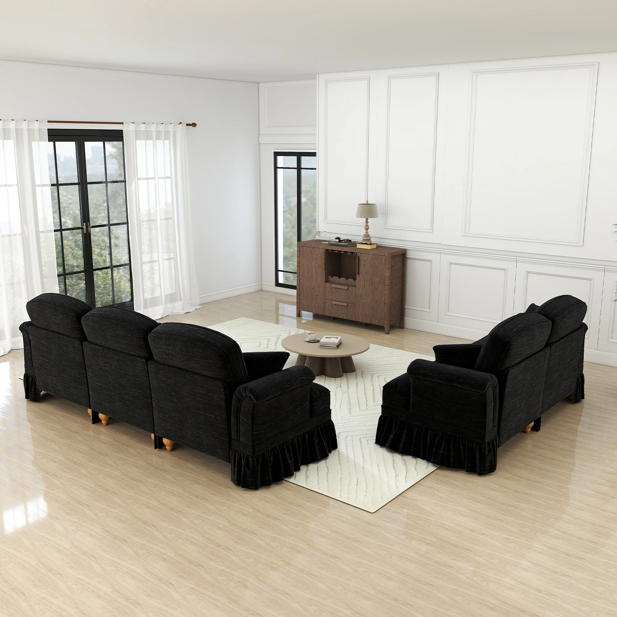 Classic 2-piece Sofa Set Modular 3-Seater & Loveseat Ruffled Apron - Chenille Black - Image 5