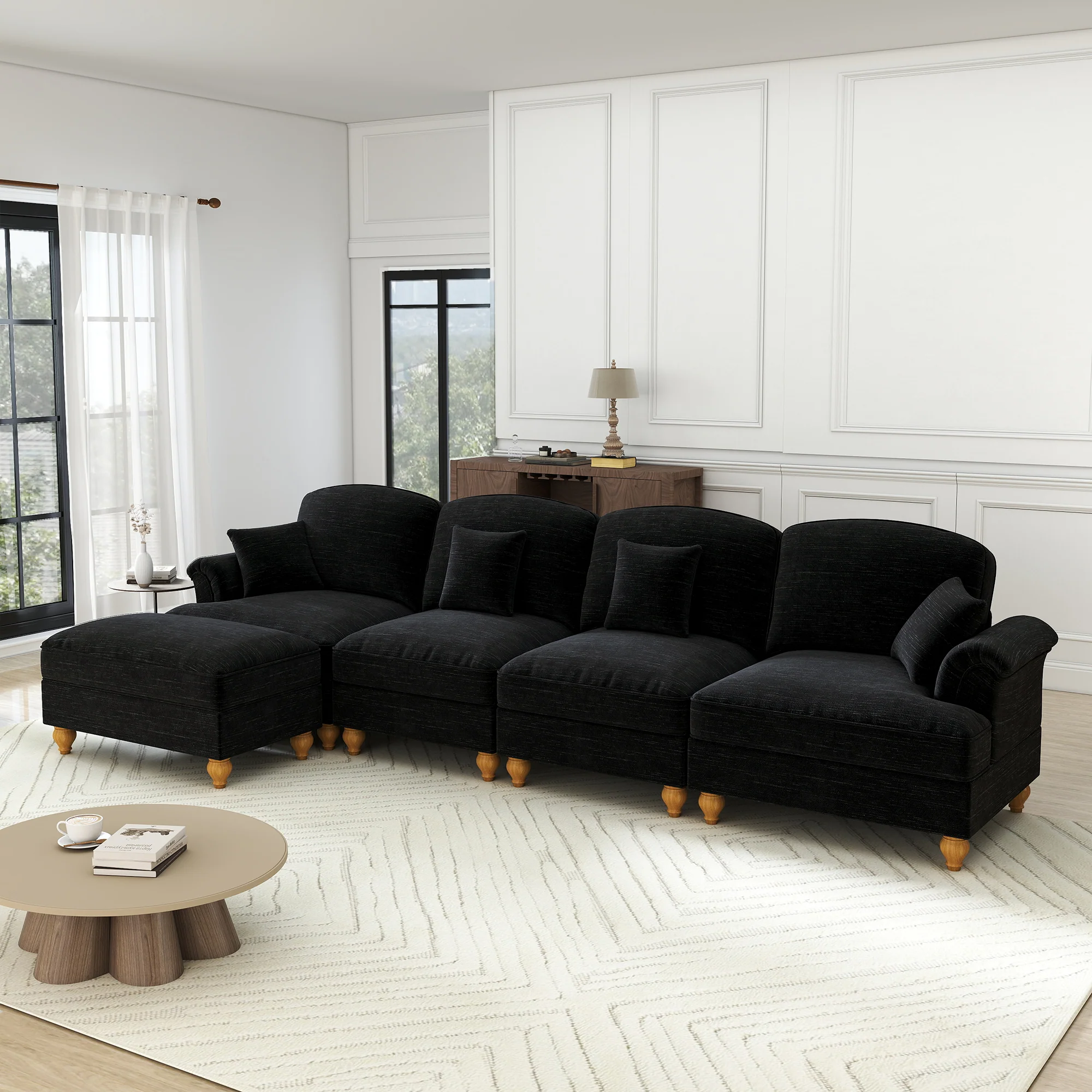 Classic L-Shaped Modular Sofa 4-Seater Movable Ottoman - Chenille Black