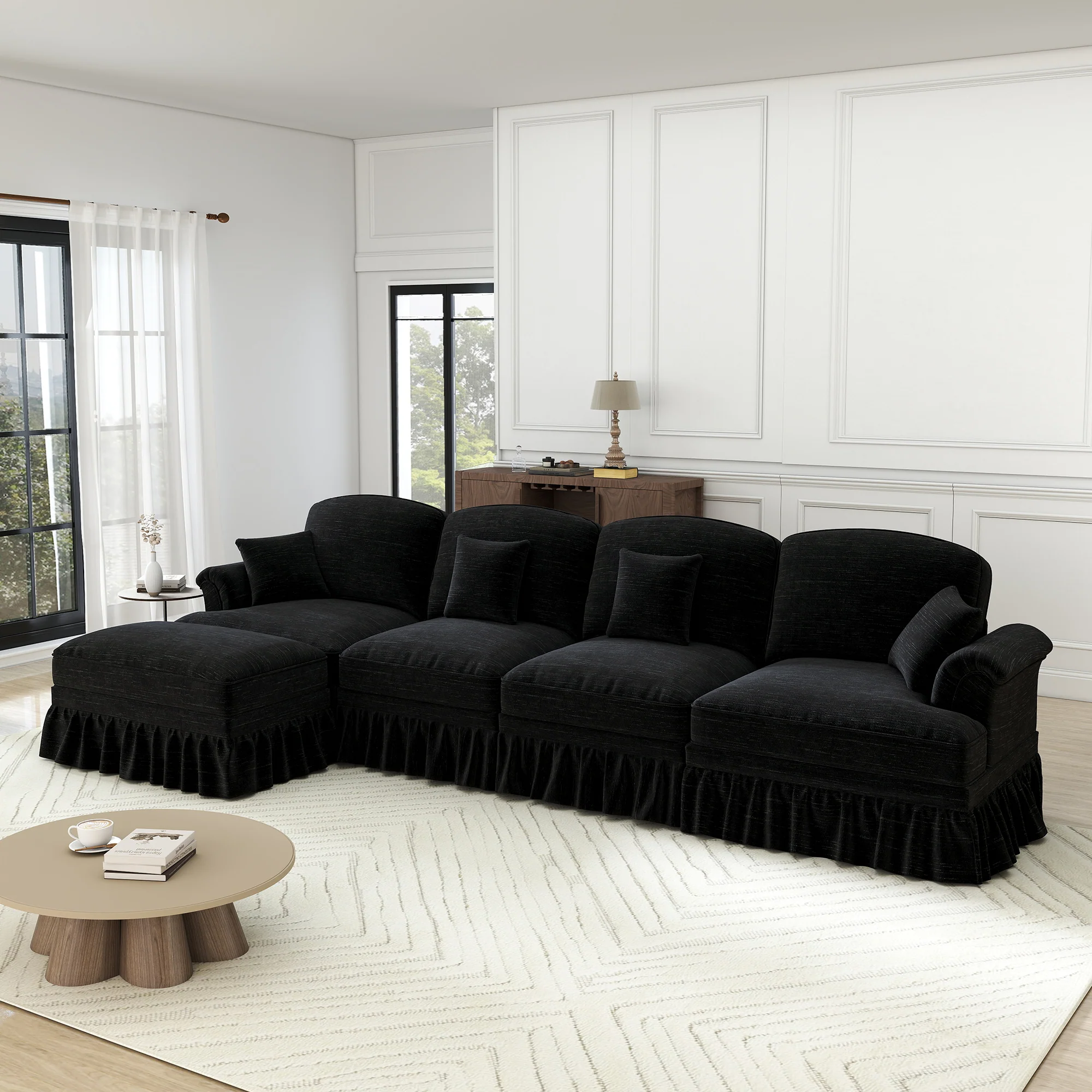 Classic L-Shaped Modular Sofa 4-Seater Movable Ottoman - Chenille Black - Image 2