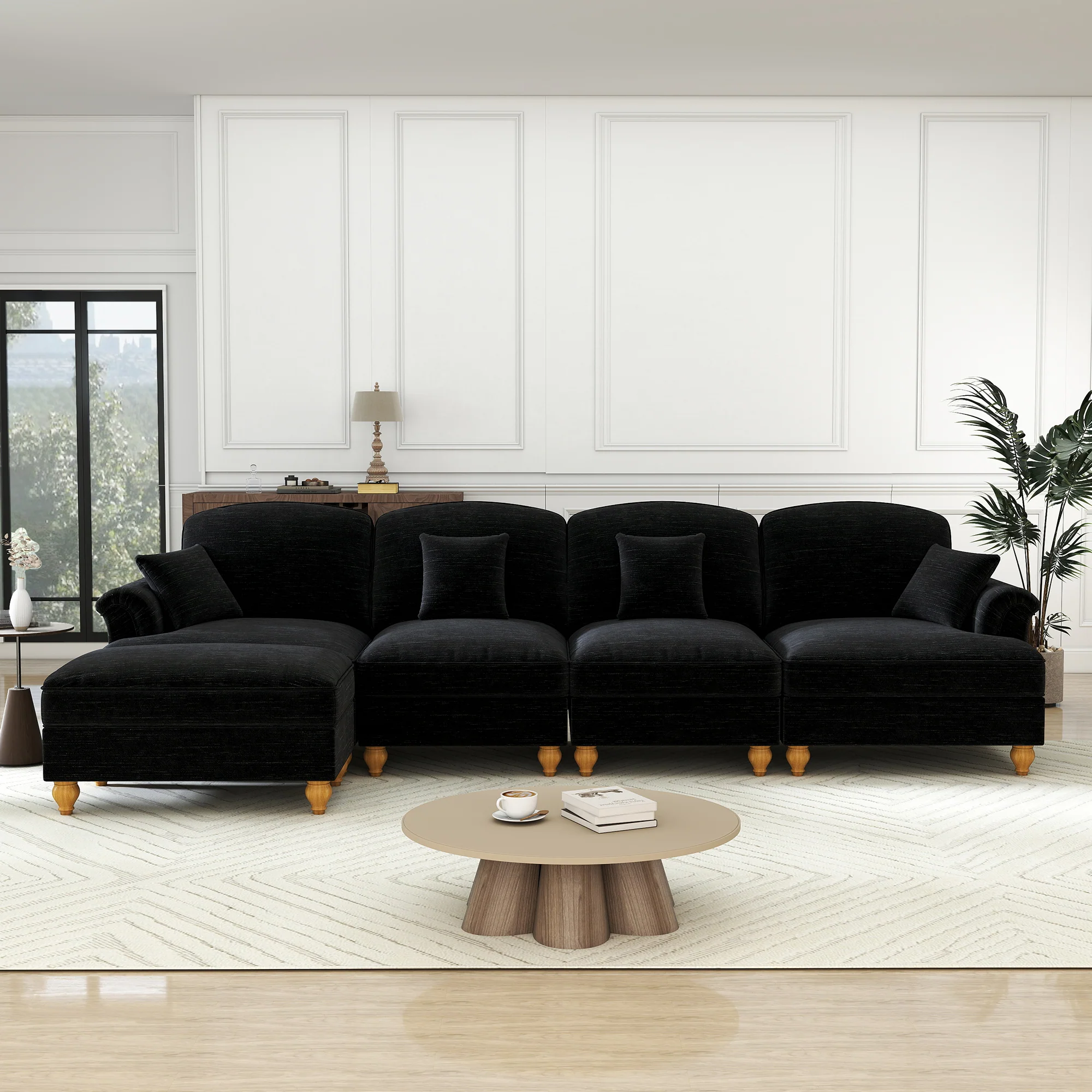 Classic L-Shaped Modular Sofa 4-Seater Movable Ottoman - Chenille Black - Image 3