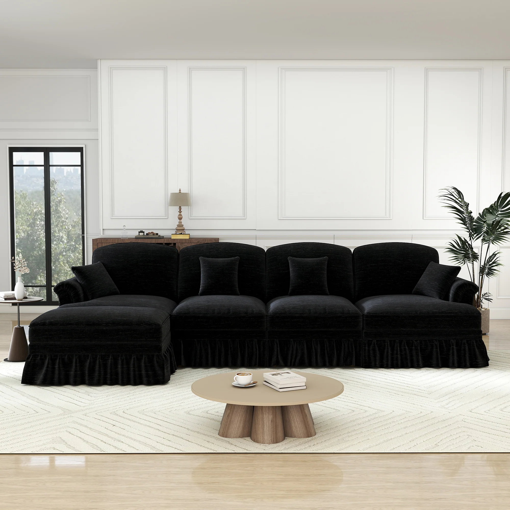 Classic L-Shaped Modular Sofa 4-Seater Movable Ottoman - Chenille Black - Image 4