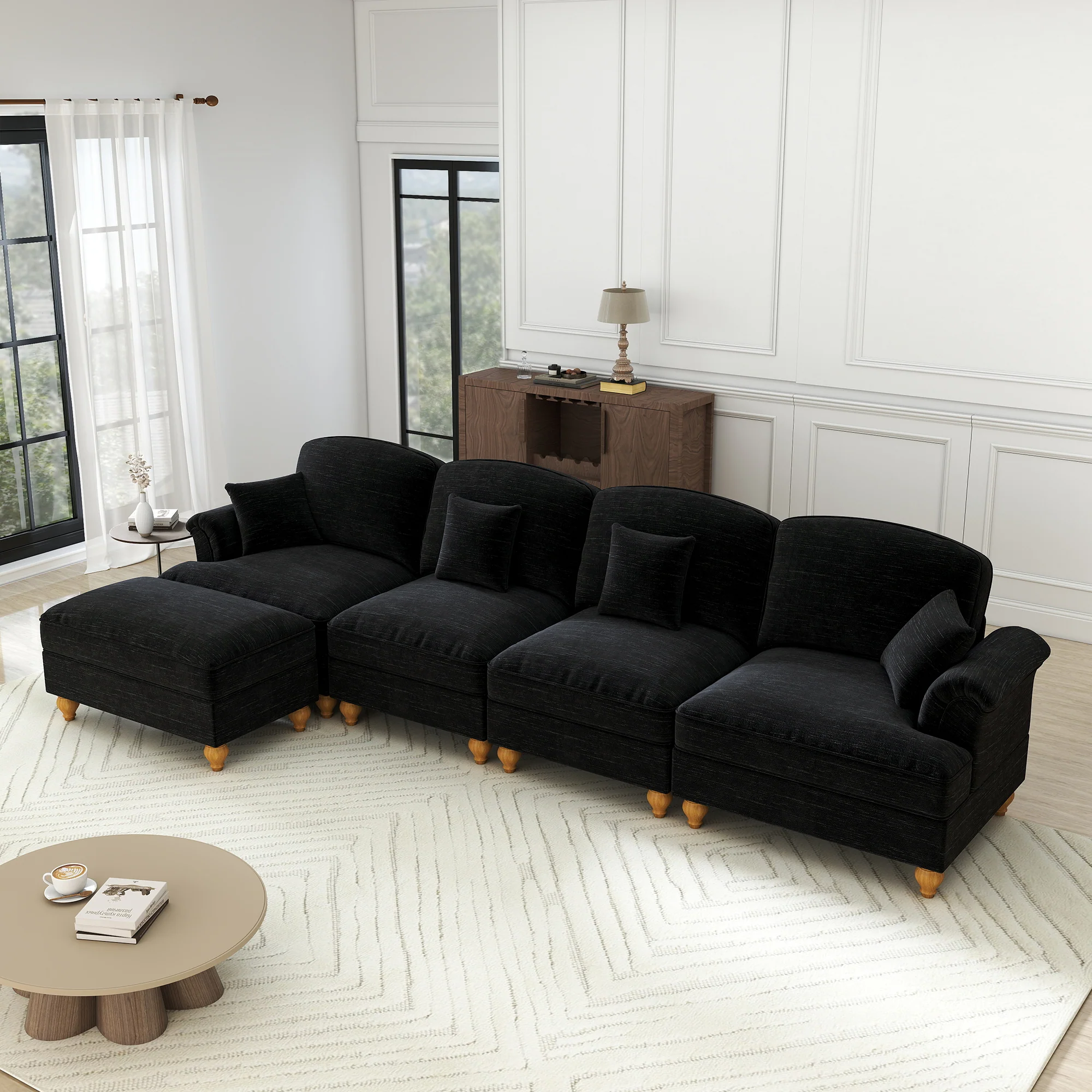 Classic L-Shaped Modular Sofa 4-Seater Movable Ottoman - Chenille Black - Image 5