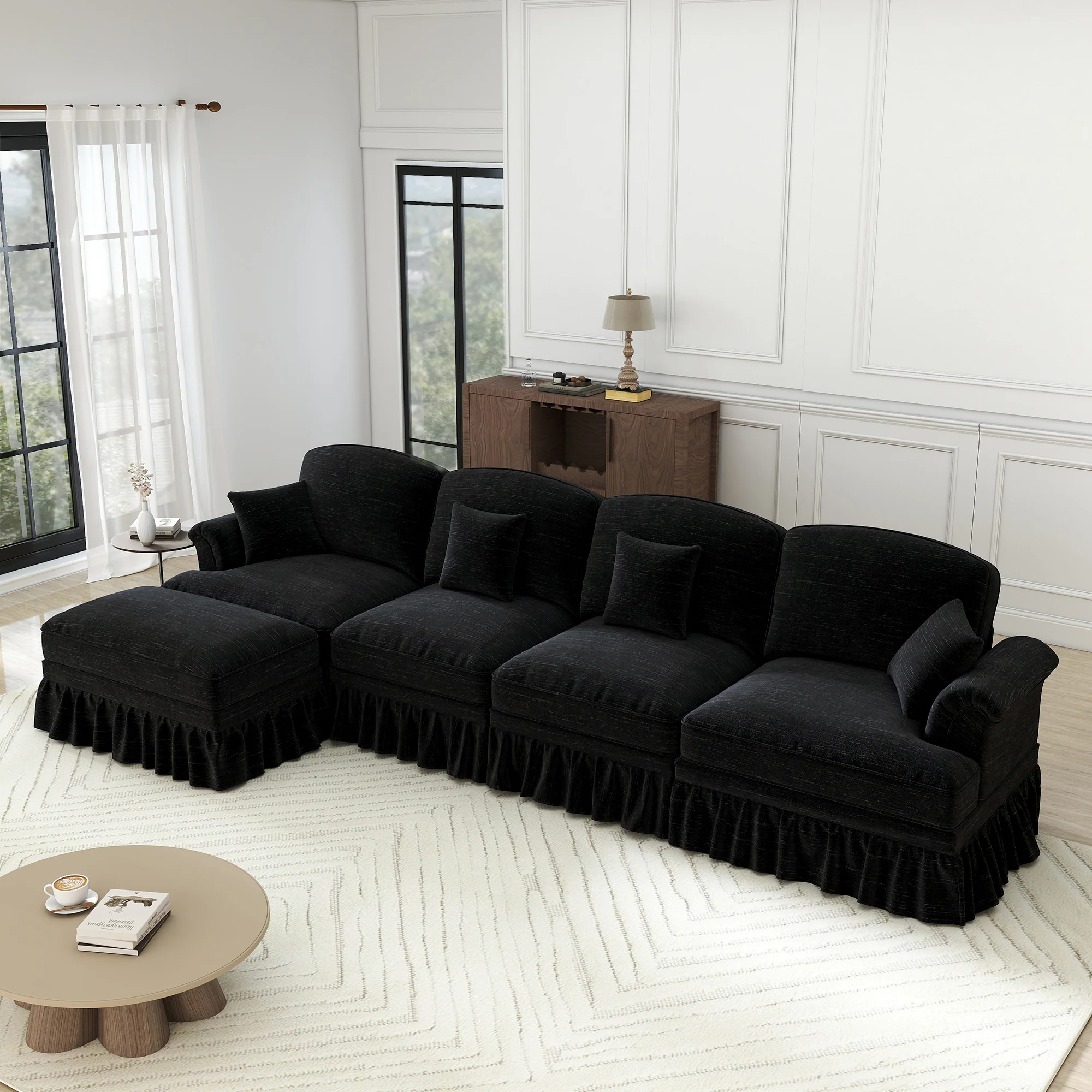 Classic L-Shaped Modular Sofa 4-Seater Movable Ottoman - Chenille Black - Image 6