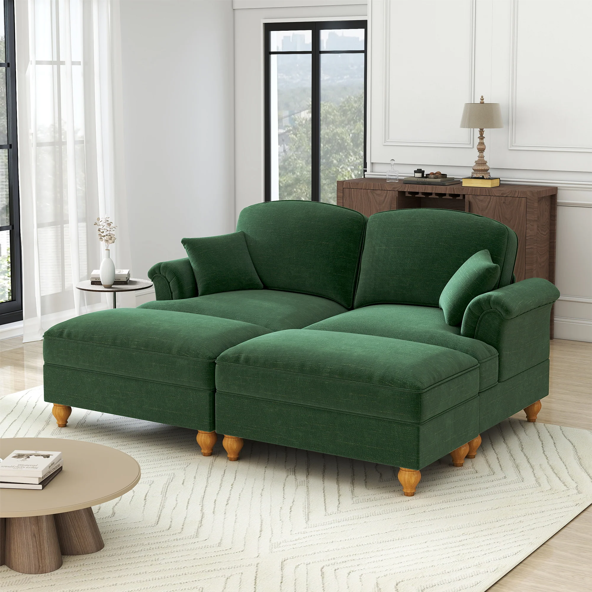 Classic Modular 2-Seater Sofa Movable Ottoman Funnel Armrests Chenille Green