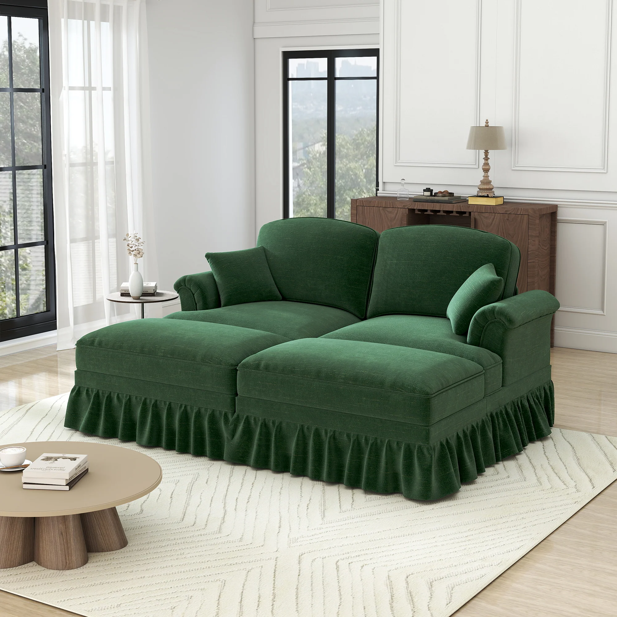 Classic Modular 2-Seater Sofa Movable Ottoman Funnel Armrests Chenille Green - Image 2